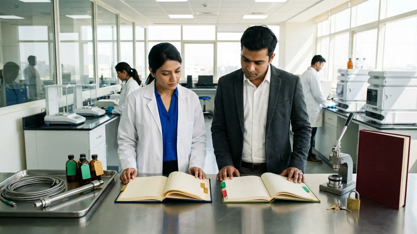 In a sunlit glass-walled Indian pharmaceutical QC analytical instrument-integration and LIMS data-governance office overlooking a clean analytical chemistry laboratory with precision analytical balances and chromatography equipment, an Indian female QC analytical systems specialist in a white laboratory coat over a royal-blue blouse and a male laboratory automation engineer in a charcoal blazer over a crisp white shirt stand at a brushed stainless-steel reconciliation counter behind two open cloth-bound registers side by side—a deep-navy raw instrument run-context and calibration-unit register with amber-gold index tabs on the left and an olive-green LIMS interface-message reconciliation and analyst-review ledger with emerald-green and crimson-red index tabs on the right—flanked on the left by a brushed stainless-steel instrument tray holding a coiled braided shielded industrial instrument interface cable, a polished stainless-steel HPLC column tube, and four sealed amber glass autosampler vials tied with blank emerald-green and amber-gold tags, and on the right by a brushed steel mechanical seal press and a brass padlock with keys beside an upright burgundy cloth-bound instrument validation dossier.