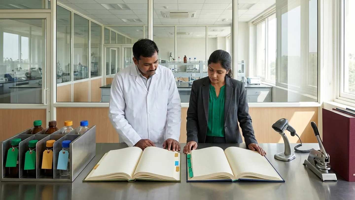 In a sunlit glass-walled Indian pharmaceutical QC LIMS sample-management and batch-release queue coordination room overlooking a clean analytical chemistry and sample-login laboratory bench, an Indian male QC sample-management supervisor in a white laboratory coat over a crisp white shirt and a female QA batch-release coordinator in a charcoal blazer over an emerald-green blouse stand at a brushed stainless-steel sample-queue coordination counter behind two open cloth-bound registers side by side—an olive-green analytical sample-queue and external-lab test tracking register with amber-gold and sky-blue index tabs on the left and a deep-navy peer-review and QA lot-disposition ledger with emerald-green index tabs on the right—flanked on the left by a brushed stainless-steel partitioned laboratory sample-queue rack holding eight sealed amber and clear glass sample bottles with solid green, brown, amber, and blue screw caps tied with blank emerald-green, amber-gold, and sky-blue tags, and on the right by a corded industrial barcode scanner in a metal cradle and a brushed steel mechanical seal press beside an upright burgundy cloth-bound QC release dossier.