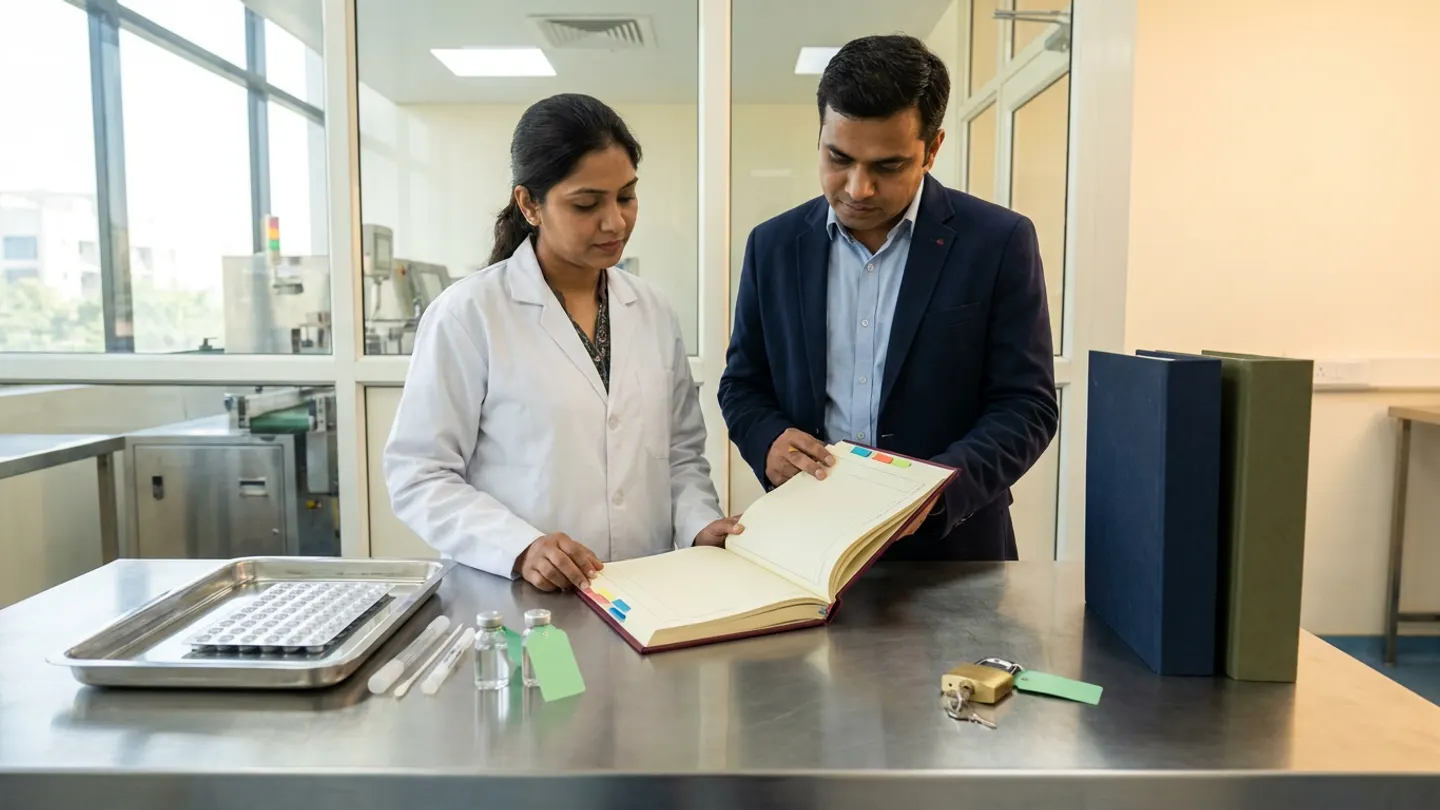 In a sunlit glass-walled Indian pharmaceutical packaging and changeover line-clearance verification room overlooking a clean stainless-steel blister-packaging line, an Indian female production line-clearance QA lead in a white laboratory coat over a dark patterned blouse and a male packaging engineering supervisor in a navy blazer over a light-blue shirt stand at a brushed stainless-steel changeover inspection table behind an open burgundy cloth-bound packaging line-clearance and pre-restart verification register with blue, coral-red, and green index tabs, flanked on the left by a stainless-steel tray holding a polished blister format guide plate, two white cleaning swab tubes, and two clear glass rinse-verification vials tied with blank pale-green tags, and on the right by a brass lockout-tagout padlock with keys and a blank pale-green tag beside two upright cloth-bound changeover dossiers in navy and olive green.