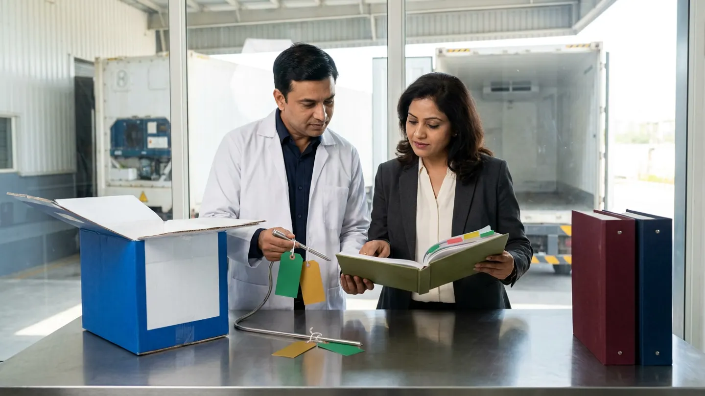 In a sunlit glass-walled Indian pharmaceutical distribution-lane qualification and cold-chain governance room overlooking an enclosed loading bay with white refrigerated pharmaceutical transport containers, an Indian male pharmaceutical distribution quality manager in a white laboratory coat over a dark-navy shirt and a female logistics procurement specialist in a charcoal blazer over an ivory blouse stand at a brushed stainless-steel table comparing an open olive-green cloth-bound lane-qualification register with coloured index tabs against an open blue-and-white insulated passive thermal shipper box and a brushed stainless-steel flexible thermal probe assembly tied with blank emerald-green and amber-gold tags on the left, flanked by two upright cloth-bound carrier audit binders in burgundy and navy on the right.