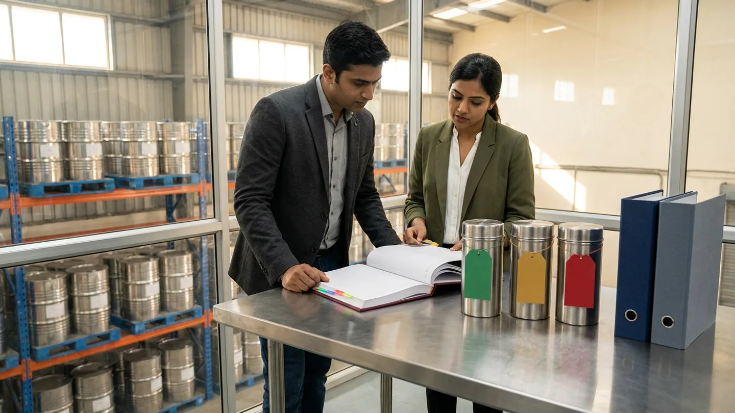 In a sunlit glass-walled Indian pharmaceutical API contingency and material-planning room overlooking a high-bay raw-material warehouse where blue pallet racks hold sealed stainless-steel API drums, an Indian male API sourcing director in a charcoal blazer over a light-grey shirt and a female production planning lead in an olive-green blazer over a white blouse stand at a brushed stainless-steel table comparing an open burgundy cloth-bound API shortage allocation register with coloured index tabs against three compact brushed stainless-steel API reference canisters tied with blank emerald-green, amber-gold, and crimson-red tags beside two upright cloth-bound supply-continuity binders in navy and slate grey on the right.