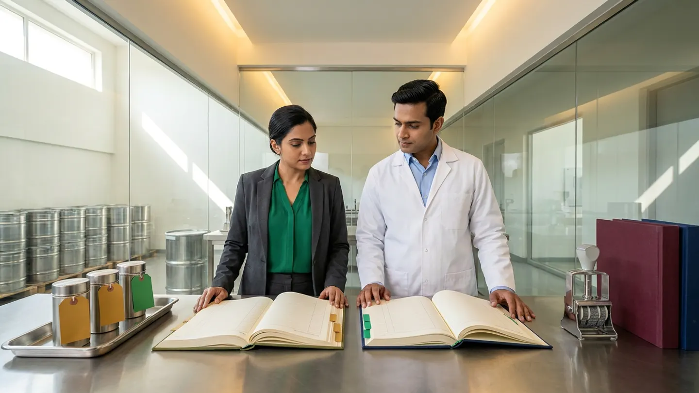 In a sunlit glass-walled Indian pharmaceutical material-requirements planning and QC-release lead-time coordination office overlooking a clean raw-material quarantine and sampling bay with stainless-steel drums, an Indian female materials planning lead in a charcoal blazer over an emerald-green blouse and a male QC release coordinator in a white laboratory coat over a light-blue shirt stand at a brushed stainless-steel coordination counter behind two open cloth-bound registers side by side—an olive-green MRP material-availability and receipt ledger with amber-gold index tabs on the left and a navy QC analytical-testing and usable-release lead-time register with emerald-green index tabs on the right—flanked on the left by a stainless-steel sampling tray holding three cylindrical stainless-steel raw-material sample canisters tied with two blank amber-gold quarantine tags and one blank emerald-green release tag, and on the right by a brushed steel rotary date-stamp press beside two upright cloth-bound material specification dossiers in burgundy and navy.
