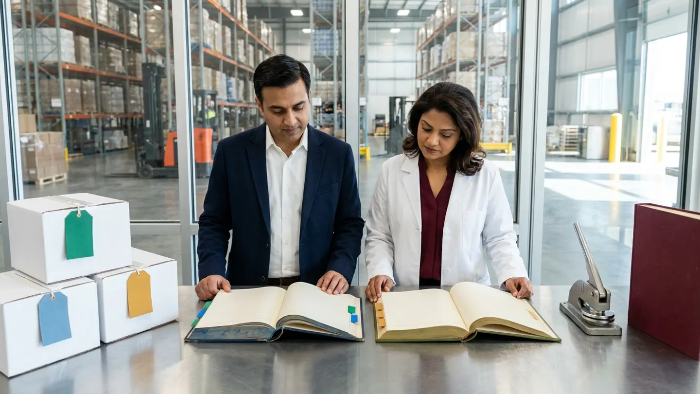 In a sunlit glass-walled Indian pharmaceutical multi-depot allocation and regional stock-reservation control room overlooking a finished-goods pallet staging hall, an Indian male pharmaceutical supply-network planner in a navy blazer over a crisp white shirt and a female regional distribution QA coordinator in a white laboratory coat over a burgundy blouse stand at a brushed stainless-steel table comparing two open cloth-bound depot-allocation registers side by side—a navy regional-depot stock register with blue and green index tabs on the left and an olive-green order-reservation ledger with amber index tabs on the right—flanked by three stacked white pharmaceutical shipper cartons tied with blank emerald-green, sky-blue, and amber-gold depot-reservation tags on the left and a brushed steel dispatch seal press beside an upright burgundy inventory ledger on the right.