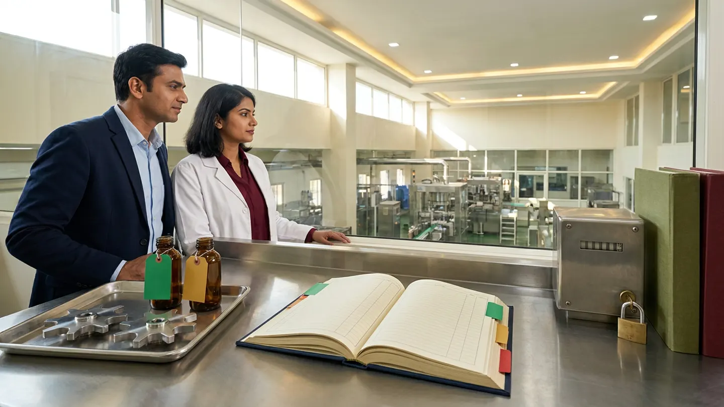 In a sunlit glass-walled Indian pharmaceutical operational excellence and packaging-line OEE review office overlooking a clean stainless-steel tablet bottling and cartoning hall, an Indian male manufacturing operations manager in a navy blazer over a light-blue shirt and a female production quality engineer in a white laboratory coat over a burgundy blouse stand at a brushed stainless-steel line-performance review counter behind an open navy cloth-bound line availability, changeover-loss, and quality-hold reconciliation register with green, amber, and crimson-red index tabs, flanked on the left by a stainless-steel tray holding two polished stainless-steel starwheel change parts and two sealed amber glass in-process sample bottles tied with blank emerald-green and amber-gold tags, and on the right by a brushed steel mechanical cycle counter housing and a brass padlock beside two upright cloth-bound shift-log dossiers in olive green and burgundy.