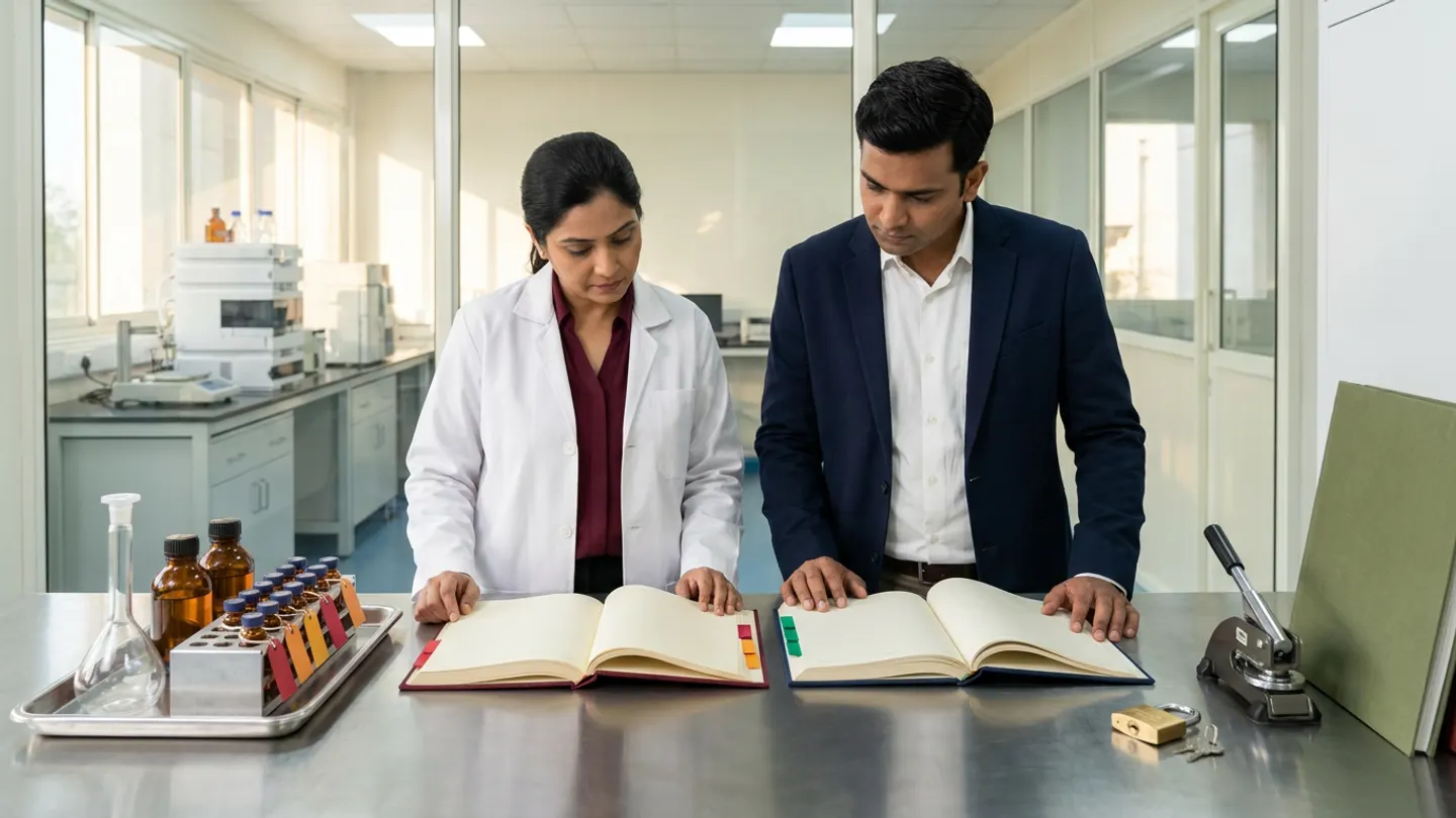 In a sunlit glass-walled Indian pharmaceutical QC analytical laboratory Out-of-Specification investigation room overlooking a clean HPLC chromatography laboratory bench, an Indian female QC laboratory head in a white laboratory coat over a burgundy blouse and a male QA analytical compliance reviewer in a navy blazer over a crisp white shirt stand at a brushed stainless-steel investigation counter behind two open cloth-bound registers side by side—a burgundy initial OOS result retention and Phase I laboratory investigation register with crimson-red and amber-gold index tabs on the left and a deep-navy controlled retesting protocol and QA disposition ledger with emerald-green index tabs on the right—flanked on the left by a brushed stainless-steel laboratory evidence tray holding a clear glass volumetric flask, two amber glass reagent bottles, and a machined aluminium autosampler rack holding twelve sealed amber glass HPLC vials tied with blank crimson-red and amber-gold tags, and on the right by a brass padlock with keys and a brushed steel mechanical seal press beside an upright olive-green cloth-bound analytical investigation dossier.