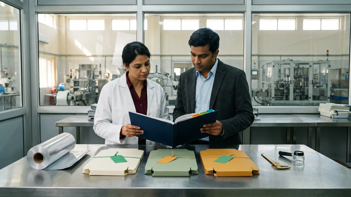 In a sunlit glass-walled Indian pharmaceutical packaging artwork and component control room overlooking a blister-packaging hall, an Indian female packaging quality manager in a white laboratory coat over a burgundy blouse and a male regulatory packaging specialist in a charcoal blazer over a light-blue shirt stand at a brushed stainless-steel inspection table comparing an open navy cloth-bound packaging artwork specification register with coloured index tabs against three unprinted colour-coded folding carton die-cut flats in matte ivory, sage green, and warm ochre tied with blank emerald-green and amber-gold tags, flanked by a silver aluminium blister-foil roll on the left and a brass Vernier caliper beside an optical magnifier loupe on the right.