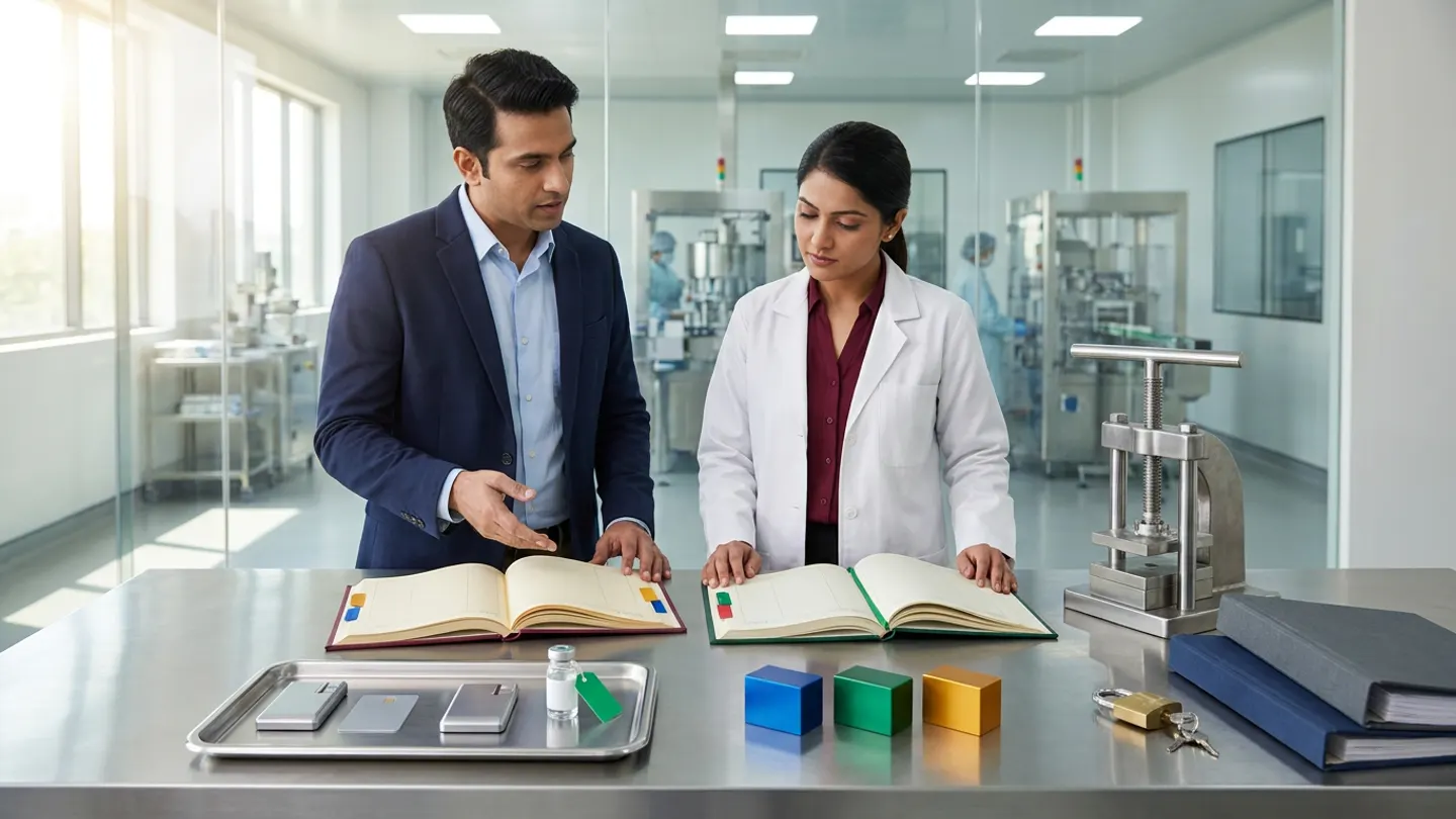 In a sunlit glass-walled Indian pharmaceutical 21 CFR Part 11 and EU GMP Annex 11 electronic records and market-scope governance room overlooking a clean stainless-steel packaging hall, an Indian male regulatory compliance lead in a navy blazer over a light-blue dress shirt and a female QA digital-signature validation specialist in a white laboratory coat over a burgundy blouse stand at a brushed stainless-steel assessment table behind two open cloth-bound registers side by side—a burgundy Part 11 and Annex 11 intended-use and market-reliance assessment register with amber-gold and royal-blue index tabs on the left and a forest-green hybrid-record signature-manifestation and export-verification ledger with emerald-green and crimson-red index tabs on the right—accompanied in the foreground by a brushed stainless-steel verification tray holding two anodized aluminium smart-card token readers, a blank brushed-metal keycard, and a sealed clear glass reference vial with a blank emerald-green card tag on the left, three solid-colour anodized aluminium market-scope blocks in royal blue, emerald green, and amber gold in the centre, and a brushed stainless-steel mechanical embossing press, a brass padlock with keys, and two stacked cloth-bound regulatory system master binders in charcoal grey and deep navy on the right.