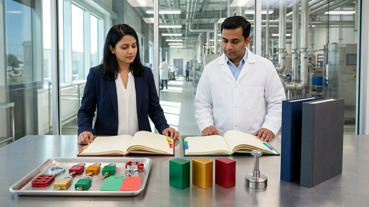In a sunlit glass-walled Indian pharmaceutical permit-to-work, energy-isolation, and simultaneous-activity coordination room overlooking a clean stainless-steel API and formulation utility corridor, an Indian female EHS and permit-to-work governance lead in a deep-navy blazer over a white blouse and a male area engineering and shift-handover custodian in a white laboratory coat over a light-blue dress shirt stand at a brushed stainless-steel permit-coordination table behind two open cloth-bound registers side by side—a burgundy permit-scope, energy-isolation point, and validity-window register with amber-gold and crimson-red index tabs on the left and a forest-green simultaneous-operations conflict check, shift-handover, and area-return verification ledger with emerald-green and royal-blue index tabs on the right—accompanied on the left by a brushed stainless-steel lockout-tagout custody tray holding a red anodized aluminium multi-lock safety hasp, five colour-coded safety padlocks with keys in crimson red, amber gold, and emerald green, a valve lockout clamp, and blank mint-green and coral-red isolation tags, and in the centre-right by three solid-colour anodized aluminium permit-status blocks in emerald green, amber gold, and crimson red, a brushed steel screw-press seal, and two upright cloth-bound master dossiers in deep navy and charcoal grey.