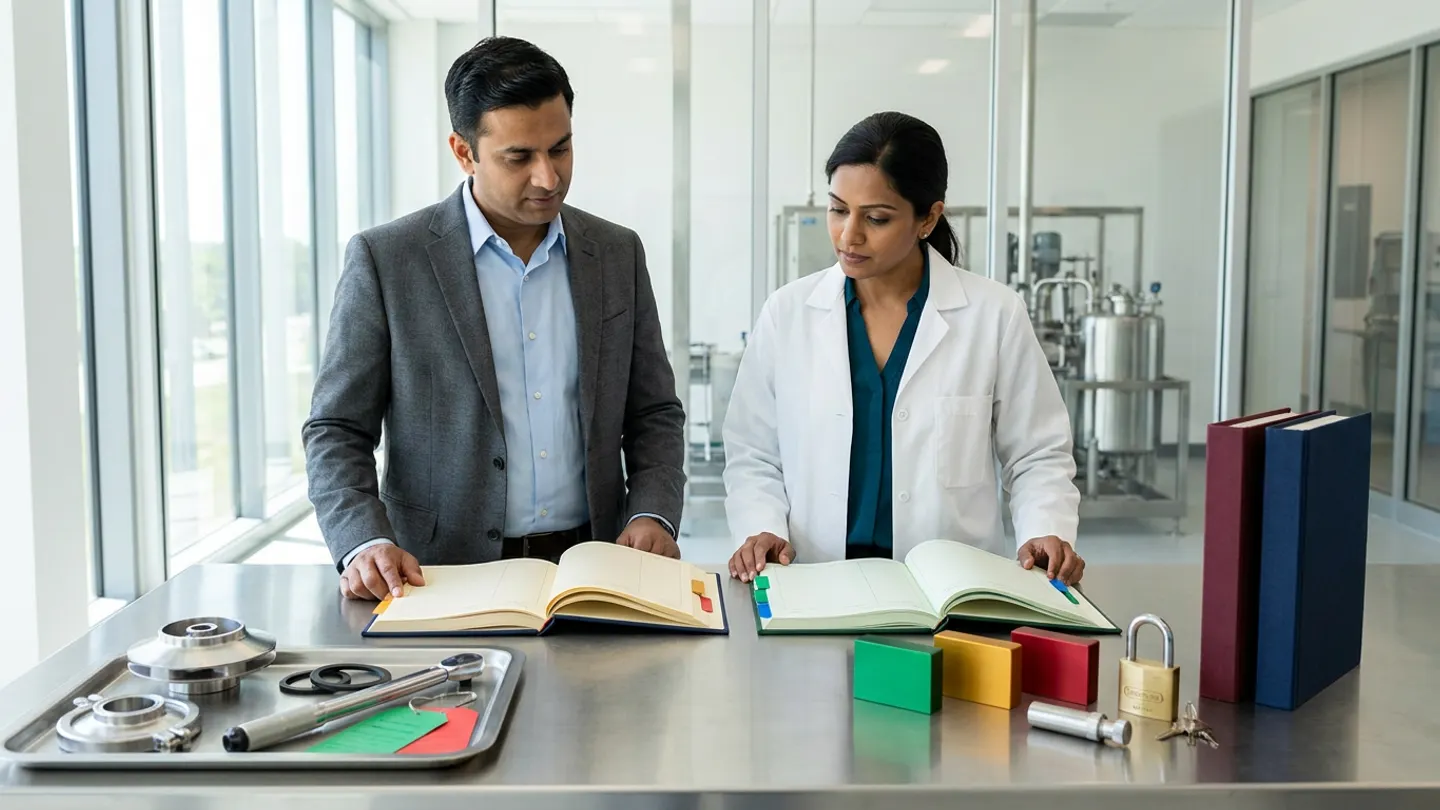 In a sunlit glass-walled Indian pharmaceutical preventive-maintenance completion and equipment-handback room overlooking a clean stainless-steel sterile transfer-pump and formulation skid bay, an Indian male reliability and maintenance engineering lead in a charcoal-grey blazer over a light-blue dress shirt and a female QA equipment-handback specialist in a white laboratory coat over a deep teal blouse stand at a brushed stainless-steel engineering handback table behind two open cloth-bound registers side by side—a deep-navy preventive-maintenance completion, seal-replacement, and post-repair verification register with amber-gold and crimson-red index tabs on the left and a forest-green QA equipment-handback authorisation and production-schedule readiness ledger with emerald-green and royal-blue index tabs on the right—accompanied on the left by a brushed stainless-steel inspection tray holding a polished 316L stainless-steel sanitary centrifugal pump impeller, a tri-clamp ferrule clamp, two black mechanical shaft-seal rings, a stainless-steel torque wrench, and blank emerald-green and crimson-red status tags, and in the centre-right by three solid-colour anodized aluminium equipment-readiness status blocks in emerald green, amber gold, and crimson red, a cylindrical steel stamp, a brass padlock with keys, and two upright cloth-bound maintenance master dossiers in burgundy and deep navy.
