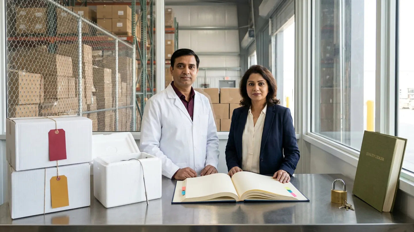 In a sunlit glass-walled Indian pharmaceutical returns-quarantine and QA disposition office overlooking a segregated wire-mesh returns holding cage in a clean distribution warehouse, an Indian male pharmaceutical QA disposition manager in a white laboratory coat over a burgundy shirt and a female commercial returns coordinator in a navy blazer over an ivory blouse stand at a brushed stainless-steel inspection table behind an open navy cloth-bound returns-disposition register with coloured index tabs, flanked on the left by two stacked white pharmaceutical return shipper cartons tied with blank crimson-red and amber-gold quarantine tags beside an open white insulated return cooler with a stainless thermal probe, and on the right by a brass security padlock with keys and an upright olive-green cloth-bound quality ledger.