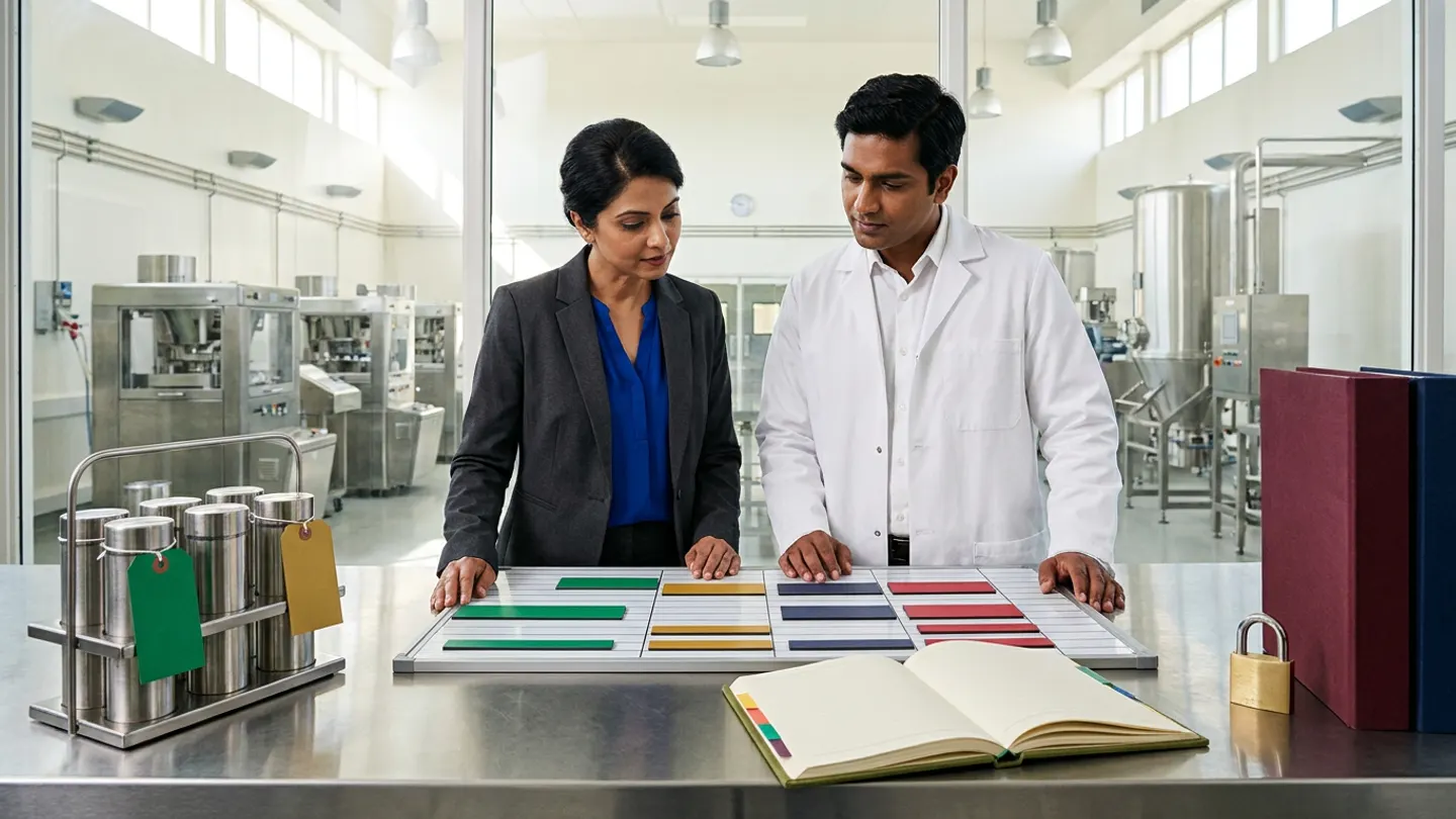 In a sunlit glass-walled Indian pharmaceutical production planning and finite-capacity scheduling office overlooking a clean stainless-steel tablet compression and fluid-bed drying suite, an Indian female master production scheduler in a charcoal blazer over a royal-blue blouse and a male manufacturing suite supervisor in a white laboratory coat over a crisp white shirt stand at a brushed stainless-steel scheduling table behind a flat magnetic finite-scheduling board with horizontal tracks holding solid-colour magnetic campaign blocks in emerald green, amber gold, deep navy, and crimson red alongside an open olive-green cloth-bound equipment-qualification and QC-release lead-time register with coloured index tabs, flanked on the left by a stainless-steel tooling carrier holding six polished tablet punch-and-die cylinders tied with blank emerald-green and amber-gold tags, and on the right by a brass padlock beside two upright cloth-bound scheduling dossiers in burgundy and navy.
