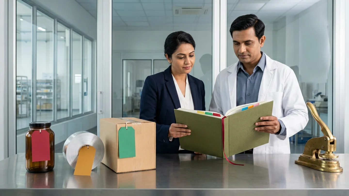 In a sunlit glass-walled Indian pharmaceutical procurement governance room overlooking a clean laboratory and materials corridor, an Indian female procurement governance lead in a dark-navy blazer over a white blouse and a male pharmaceutical quality reviewer in a white laboratory coat over a slate-blue shirt stand at a brushed stainless-steel table holding an open olive-green cloth-bound purchase approval register with coloured index tabs and a crimson ribbon marker, flanked on the left by a sealed amber-glass active-ingredient jar tied with a blank crimson-red tag, a brushed aluminium blister-foil reel tied with a blank amber-gold tag, and a sealed kraft secondary-packaging carton tied with a blank emerald-green tag, and on the right by a brass document embossing seal press.