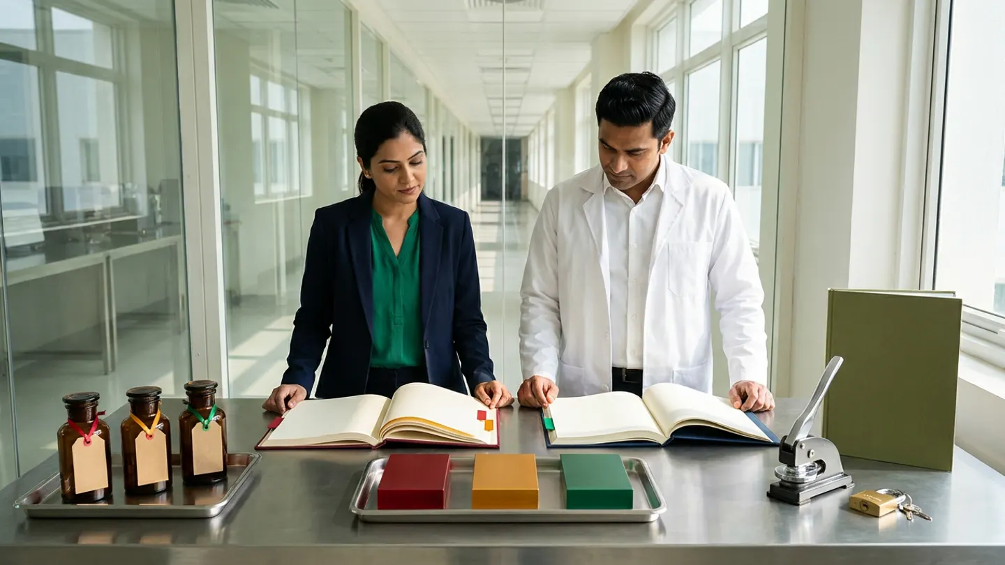 In a sunlit glass-walled Indian pharmaceutical Quality Management System governance and quality-event review room overlooking a clean analytical and quality-assurance corridor, an Indian female head of quality assurance in a navy blazer over an emerald-green blouse and a male QMS governance and compliance lead in a white laboratory coat over a crisp white shirt stand at a brushed stainless-steel governance table behind two open cloth-bound registers side by side—a burgundy quality-event and deviation linkage register with crimson-red and amber-gold index tabs on the left and a deep-navy CAPA and change-control governance ledger with emerald-green index tabs on the right—with a brushed stainless-steel alignment tray in the front centre holding three solid-colour anodized aluminium governance blocks in crimson red, amber gold, and emerald green, flanked on the left by a stainless-steel evidence tray holding three sealed amber glass batch-investigation retain bottles tied with blank kraft tags on crimson-red, amber-gold, and emerald-green ribbons, and on the right by a brushed steel mechanical seal press and a brass padlock with keys beside an upright olive-green master QMS dossier.