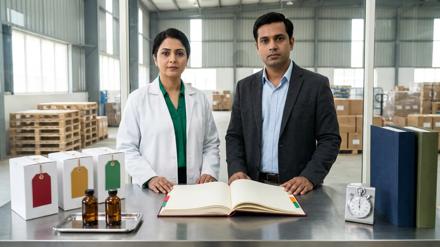 In a sunlit glass-walled Indian pharmaceutical lot-traceability and recall-readiness control room overlooking a finished-goods pallet staging bay, an Indian female pharmaceutical QA compliance director in a white laboratory coat over an emerald-green blouse and a male distribution traceability lead in a charcoal blazer over a light-blue shirt stand at a brushed stainless-steel table behind an open burgundy cloth-bound batch-distribution and recall-traceability register with coloured index tabs, flanked on the left by three sealed white pharmaceutical distribution cartons tied with blank crimson-red, amber-gold, and emerald-green lot-traceability tags and two sealed amber-glass retained batch reference vials on a stainless tray, and on the right by a brushed steel mechanical stopwatch timer beside two upright cloth-bound distribution ledgers in navy and olive green.