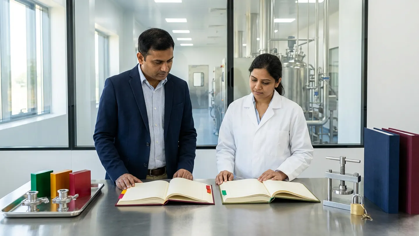 In a sunlit glass-walled Indian pharmaceutical Revised Schedule M compliance and site-remediation governance room overlooking a clean stainless-steel sterile and solid-dosage manufacturing utility corridor, an Indian male site head of regulatory compliance in a navy blazer over a striped dress shirt and a female QA digital-controls and facility qualification lead in a white laboratory coat over a light-blue shirt stand at a brushed stainless-steel gap-assessment table behind two open cloth-bound registers side by side—a burgundy Schedule M clause-mapping and digital-control gap register with amber-gold and crimson-red index tabs on the left and an olive-green physical facility remediation and closure-verification ledger with emerald-green index tabs on the right—flanked on the left by a brushed stainless-steel engineering inspection tray holding two polished stainless-steel sanitary tri-clamp pipe fittings alongside three solid-colour anodized aluminium remediation status blocks in emerald green, amber gold, and crimson red, and on the right by a brushed steel screw-press seal and a brass padlock with keys beside two upright cloth-bound site master dossiers in deep navy and burgundy.