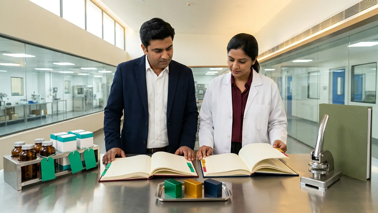 In a sunlit glass-walled Indian pharmaceutical executive Sales and Operations Planning governance room overlooking a clean formulation and packaging corridor, an Indian male VP of supply chain operations in a navy blazer over a crisp white shirt and a female head of manufacturing and quality planning in a white laboratory coat over a burgundy blouse stand at a brushed stainless-steel conference table behind two open cloth-bound registers side by side—a burgundy institutional service-level and shelf-life buffer register with emerald-green index tabs on the left and a navy suite-capacity and campaign-allocation ledger with amber-gold and crimson-red index tabs on the right—with a stainless-steel tray in the front centre holding three solid-colour anodized aluminium capacity blocks in emerald green, amber gold, and deep navy, flanked on the left by a stainless-steel rack holding four sealed amber glass tablet bottles and four white unit cartons with teal colour bands tied with three blank emerald-green tags, and on the right by a brushed steel mechanical seal press beside an upright olive-green executive S&OP dossier.