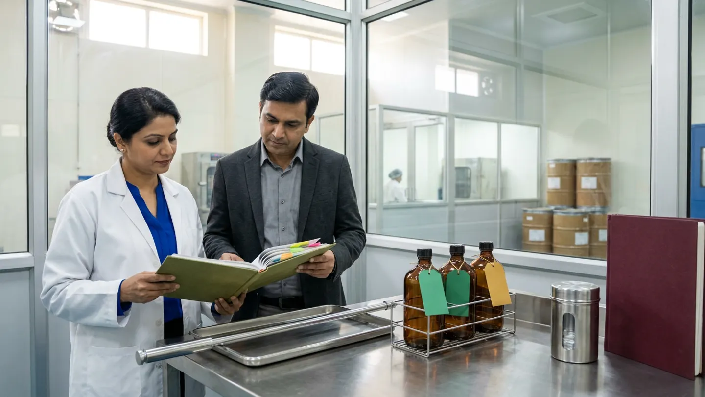 In a sunlit glass-walled Indian pharmaceutical QC sampling and retention-sample reconciliation room overlooking a clean GMP dispensing booth and fiberboard drum bay, an Indian female QC sampling specialist in a white laboratory coat over a royal-blue blouse and a male warehouse inventory controller in a charcoal blazer over a grey shirt stand at a brushed stainless-steel counter comparing an open olive-green cloth-bound sample-withdrawal and retention ledger with coloured index tabs against a brushed stainless-steel sampling thief rod on a stainless tray and a wire rack holding three sealed amber-glass retention sample bottles tied with two blank emerald-green tags and one blank amber-gold tag on the left, beside a sealed stainless-steel canister and an upright burgundy cloth-bound batch register on the right.