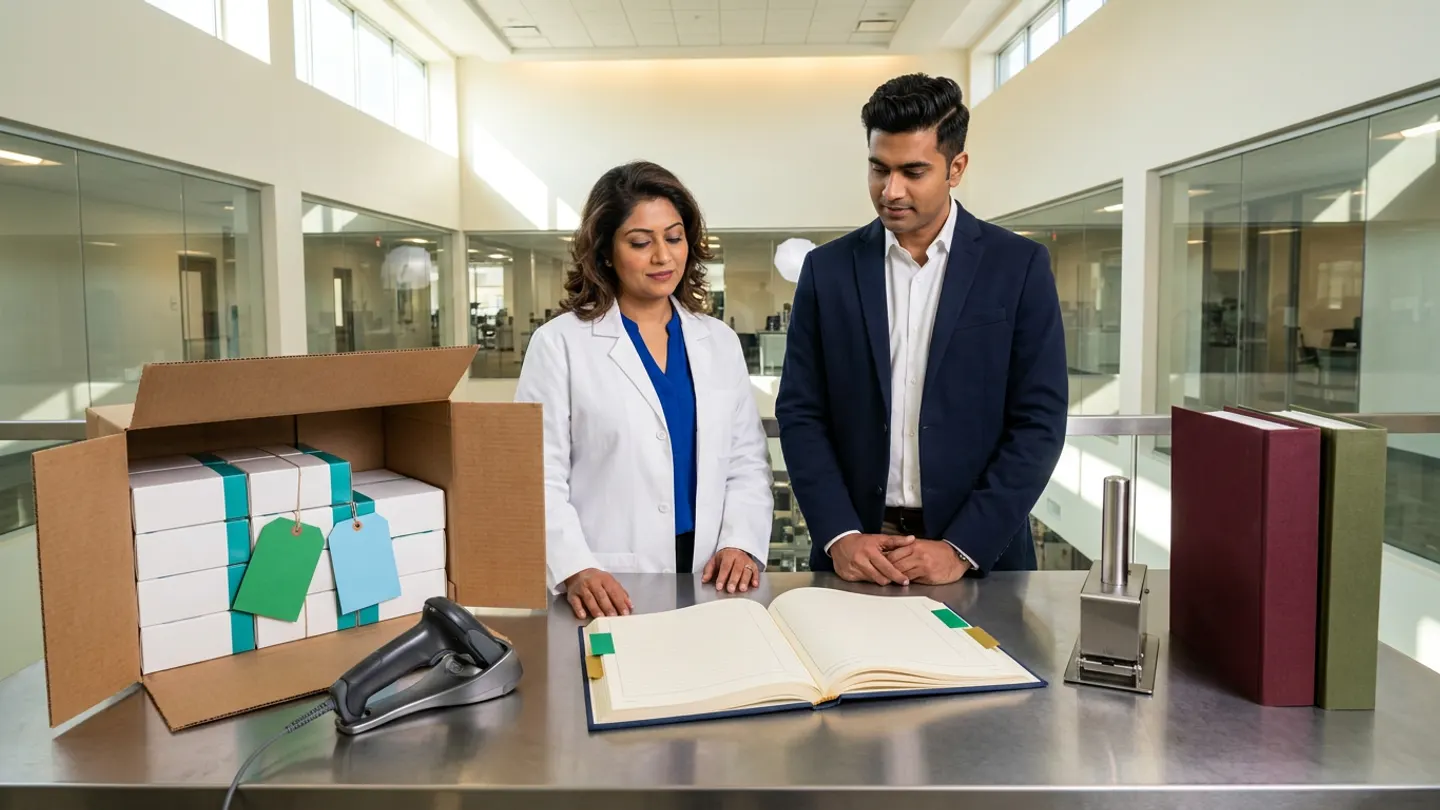 In a sunlit glass-walled Indian pharmaceutical packaging serialization, bundle-aggregation, and shipper-verification office overlooking a clean end-of-line case-packing hall, an Indian female packaging serialization QA manager in a white laboratory coat over a royal-blue blouse and a male track-and-trace engineering lead in a navy blazer over a crisp white shirt stand at a brushed stainless-steel hierarchy-inspection table behind an open navy cloth-bound parent-child aggregation and shipment-reconciliation register with green and amber index tabs, flanked on the left by an open corrugated Kraft outer shipper case containing bundled white pharmaceutical unit cartons with teal colour bands tied with blank emerald-green and sky-blue tags alongside a dark-grey corded handheld optical scanner in its cradle, and on the right by a brushed steel tamper-evident seal applicator beside two upright cloth-bound batch serialization dossiers in burgundy and olive green.