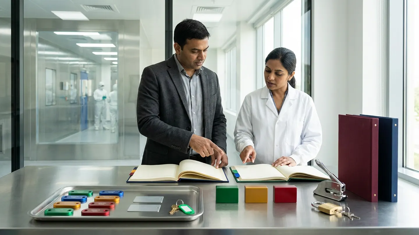 An Indian production shift manager in a charcoal blazer and a female cleanroom supervisor in a white laboratory coat reviewing open hardbound shift-readiness registers at a stainless-steel planning table with anodized skill-qualification badges, access cards, keys, and a brass lockout padlock outside a glass cleanroom corridor.