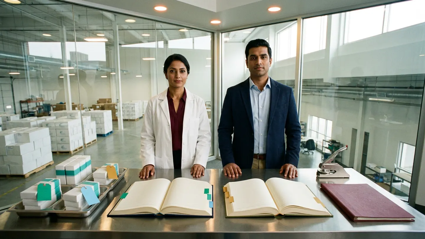 In a sunlit glass-walled Indian pharmaceutical customer-service and scarce-stock order-allocation review office overlooking a clean released-goods staging bay with palletized white pharmaceutical cartons, an Indian female supply-allocation governance manager in a white laboratory coat over a burgundy blouse and a male commercial operations director in a navy blazer over a light-blue shirt stand at a brushed stainless-steel allocation table behind two open cloth-bound registers side by side—a navy hospital-tender and critical-patient priority allocation register with emerald-green and sky-blue index tabs on the left and an olive-green released-lot inventory and reserve-protection ledger with amber-gold index tabs on the right—flanked on the left by divided stainless-steel allocation trays holding separated groups of white pharmaceutical unit cartons with teal colour bands tied with blank emerald-green, sky-blue, and amber-gold tags, and on the right by a brushed steel mechanical seal press beside a flat burgundy order-governance dossier.