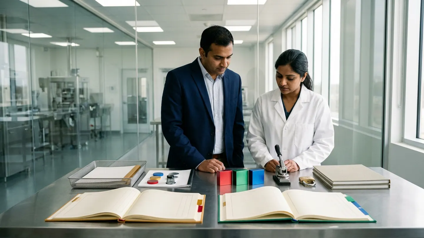 In a sunlit glass-walled Indian pharmaceutical SOP revision impact assessment, role-to-task retraining assignment, and effective-date readiness room overlooking a clean stainless-steel tablet-compression and packaging corridor, an Indian male QA document-control and change-impact lead in a deep-navy blazer over a light-blue dress shirt and a female manufacturing operations and training-readiness coordinator in a white laboratory coat over a dark teal blouse stand at a brushed stainless-steel review table behind two open cloth-bound registers side by side—an amber-tan superseded-versus-revised SOP task-delta and affected-role mapping register with amber-gold and crimson-red index tabs on the left and a forest-green effective-date retraining completion and shift-readiness verification ledger with emerald-green and royal-blue index tabs on the right—accompanied on the left by a stainless-steel wire document tray holding blank cream sheets and a dark portfolio beside four colour-coded round role-impact tokens and a cylindrical optical loupe, and in the centre-right by three solid-colour anodized aluminium revision-readiness blocks in crimson red, emerald green, and royal blue, a chrome lever embossing seal press, a brass padlock, and two stacked beige cloth-bound SOP master dossiers.