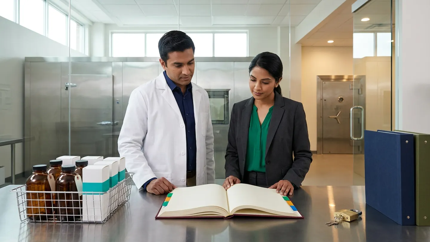 In a sunlit glass-walled Indian pharmaceutical stability-chamber and retain-sample inventory reconciliation office overlooking a clean stainless-steel walk-in stability chamber suite and a controlled retain-sample vault door, an Indian male QC stability manager in a white laboratory coat over a deep-navy shirt and a female supply-chain inventory controller in a charcoal blazer over an emerald-green blouse stand at a brushed stainless-steel reconciliation counter behind an open burgundy cloth-bound stability-pull and retain-sample inventory ledger with green, amber-gold, and sky-blue index tabs, flanked on the left by a stainless-steel wire stability-chamber pull basket holding four sealed amber glass tablet bottles tied with blank cream tags alongside six white unit cartons with teal colour bands, and on the right by a brass padlock with keys beside two upright cloth-bound stability protocol dossiers in deep navy and olive green.
