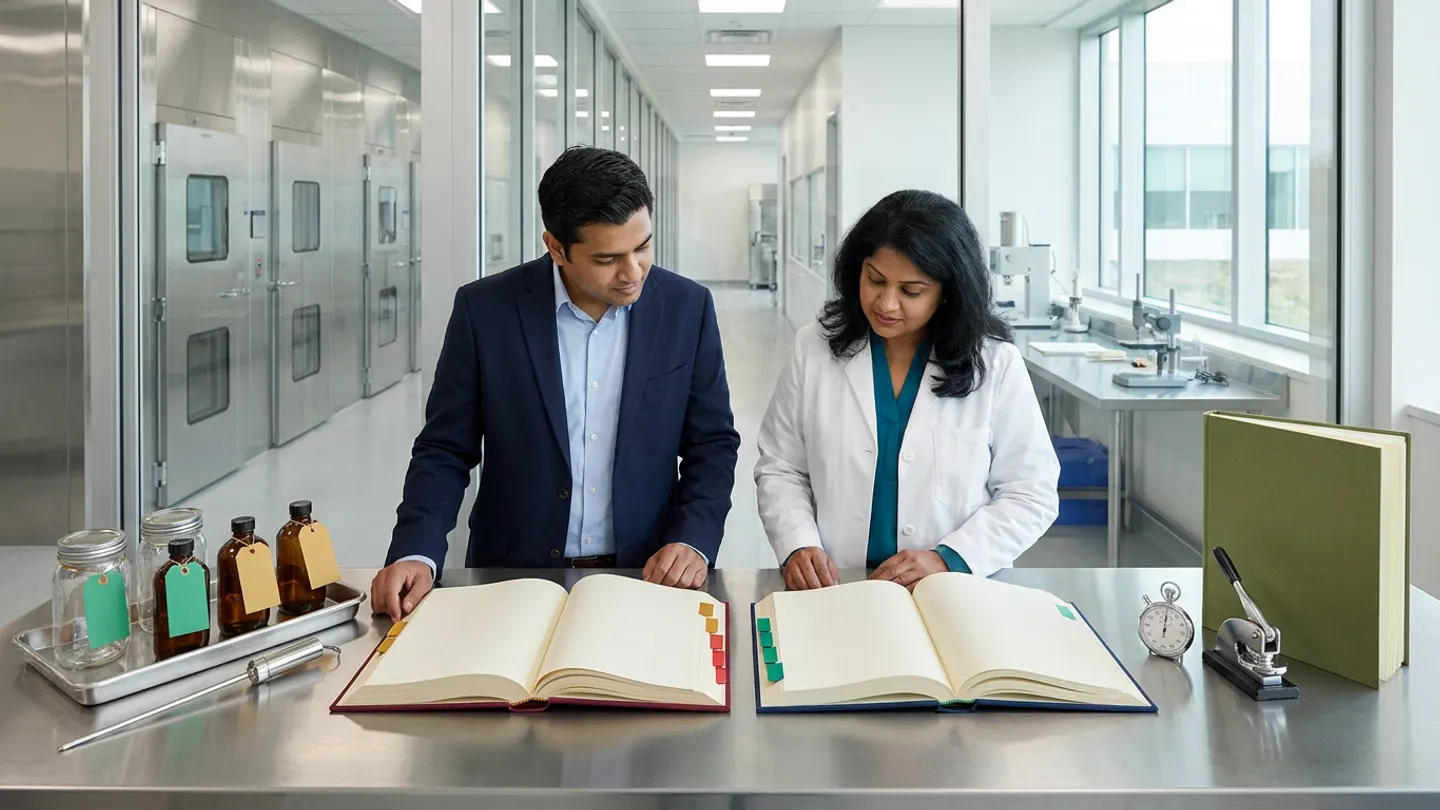 In a sunlit glass-walled Indian pharmaceutical QC stability-study protocol and analytical-timepoint review office overlooking a clean stainless-steel environmental stability chamber corridor and analytical testing bench, an Indian male QC stability study director in a navy blazer over a light-blue shirt and a female stability analytical team lead in a white laboratory coat over a teal blouse stand at a brushed stainless-steel study review counter behind two open cloth-bound registers side by side—a burgundy stability protocol timepoint-pull and chamber-event register with amber-gold and crimson-red index tabs on the left and a deep-navy analytical timepoint testing and study-report review ledger with emerald-green index tabs on the right—flanked on the left by a brushed stainless-steel stability timepoint tray holding two sealed clear glass wide-mouth stability jars and three sealed amber glass stability bottles tied with blank emerald-green and amber-gold tags alongside a polished stainless-steel chamber temperature probe, and on the right by a brushed steel mechanical stopwatch timer and a mechanical seal press beside an upright olive-green cloth-bound stability study master dossier.