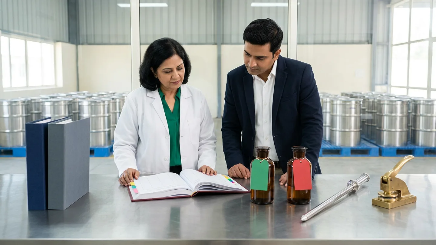 In a sunlit glass-walled Indian pharmaceutical vendor-governance and raw-material receiving review room overlooking a clean warehouse bay with sealed brushed stainless-steel API drums on blue pallets, an Indian female pharmaceutical quality assurance lead in a white coat over an emerald-green blouse and a male strategic procurement manager in a dark-navy blazer over a white shirt stand at a brushed stainless-steel table comparing an open burgundy cloth-bound supplier qualification register with coloured index tabs against two sealed amber-glass active-ingredient sample bottles tied with blank emerald-green and crimson-red tags, flanked by navy and slate-grey vendor audit binders on the left and a stainless-steel powder sampling lance beside a brass seal press on the right.