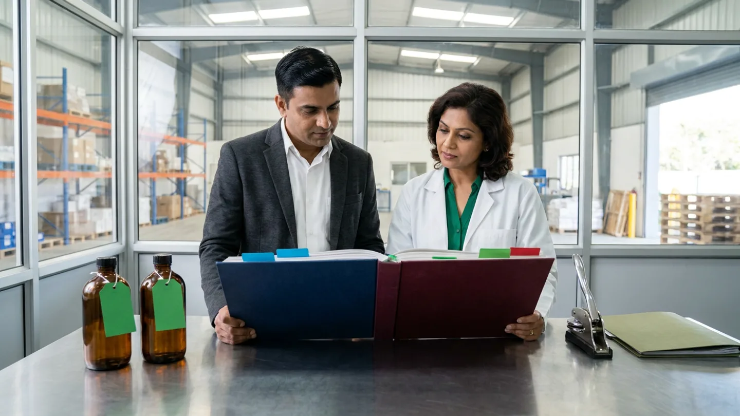 In a sunlit glass-walled Indian pharmaceutical vendor performance and quality review room overlooking a clean receiving warehouse bay, an Indian male pharmaceutical procurement manager in a charcoal blazer over a crisp white shirt and a female supplier quality engineer in a white laboratory coat over an emerald-green blouse stand at a brushed stainless-steel table comparing two separate open cloth-bound registers side by side—a navy delivery-performance register with blue index tabs on the left and a burgundy batch-quality register with green and red index tabs on the right—flanked by two sealed amber-glass excipient reference bottles tied with blank emerald-green tags on the left and a brushed steel dispatch seal press beside an olive-green vendor dossier on the right.