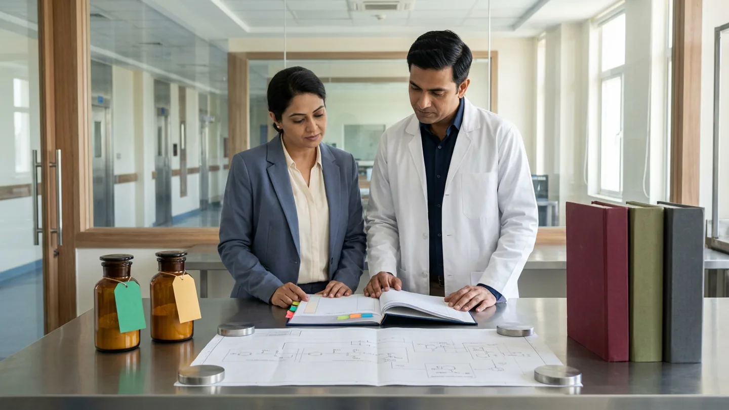 In a sunlit glass-walled Indian pharmaceutical regulatory and quality change-control room overlooking a formulation corridor, an Indian female regulatory affairs lead in a slate-blue blazer over a cream blouse and a male pharmaceutical process validation engineer in a white coat over a dark-navy shirt stand at a brushed stainless-steel table comparing an open navy cloth-bound supplier site-change impact register with coloured index tabs beside an unlabelled architectural synthesis process schematic held flat under four brushed steel disc paperweights, flanked by two sealed amber-glass active-ingredient comparability jars tied with blank emerald-green and amber-gold tags on the left and three upright cloth-bound stability dossiers in burgundy, olive green, and charcoal grey on the right.
