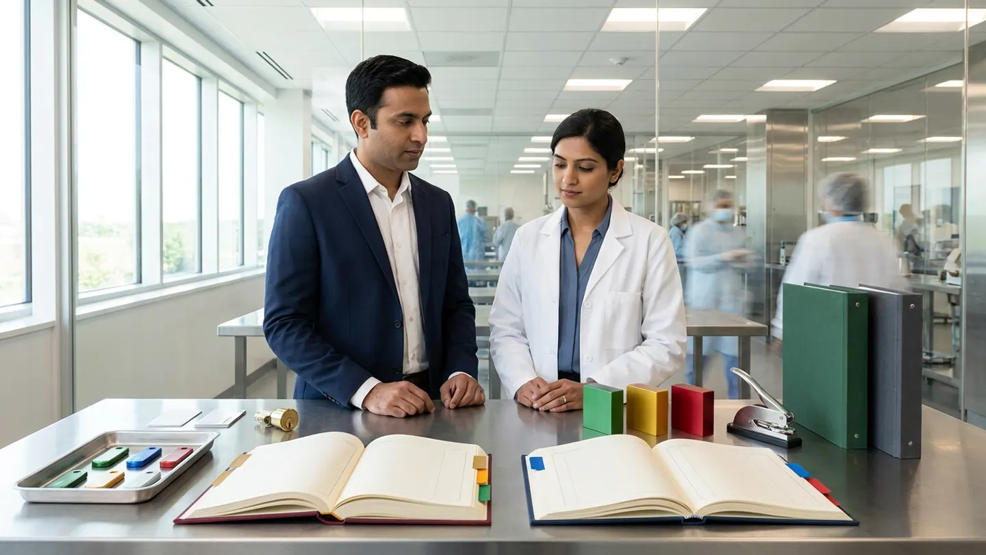 In a sunlit glass-walled Indian pharmaceutical GxP system access review and role-segregation governance room overlooking a clean stainless-steel sterile manufacturing and analytical laboratory corridor, an Indian male QA compliance and access-governance lead in a deep-navy suit jacket over a white shirt and a female laboratory operations and role-transfer custodian in a white laboratory coat over a slate-blue blouse stand at a brushed stainless-steel access-review table behind two open cloth-bound registers side by side—a burgundy permitted-action and role-segregation review register with amber-gold and emerald-green index tabs on the left and a deep-navy analyst-transfer, privileged-access revocation, and historical-identity preservation ledger with royal-blue and crimson-red index tabs on the right—accompanied on the left by a brushed stainless-steel custody tray holding six colour-coded anodized aluminium security key tokens, two blank brushed-metal smart keycards, and a brass cylinder lock core, and on the right by three solid-colour anodized aluminium access-status blocks in emerald green, amber gold, and crimson red, a chrome hand-lever embossing seal, and two upright cloth-bound security governance master binders in forest green and charcoal grey.