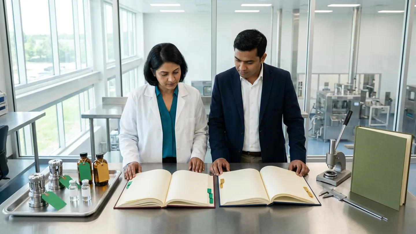In a sunlit glass-walled Indian pharmaceutical technology-transfer and receiving-site engineering readiness office overlooking a clean stainless-steel commercial tablet compression suite, an Indian female sending-unit process development scientist in a white laboratory coat over a teal blouse and a male receiving-site manufacturing engineering lead in a navy blazer over a crisp white shirt stand at a brushed stainless-steel tech-transfer review table behind two open cloth-bound registers side by side—a burgundy sending-unit process-parameter and analytical-method transfer register with emerald-green index tabs on the left and a deep-navy receiving-site equipment-qualification and engineering-batch readiness ledger with amber-gold index tabs on the right—flanked on the left by a brushed stainless-steel engineering transfer tray holding two polished stainless-steel tablet punch-and-die tooling assemblies tied with blank emerald-green tags, two sealed clear glass reference-standard vials, and two amber glass pilot-batch comparison bottles tied with blank emerald-green and amber-gold tags, and on the right by a polished stainless-steel vernier caliper and a brushed steel mechanical seal press beside an upright olive-green cloth-bound technology-transfer master dossier.
