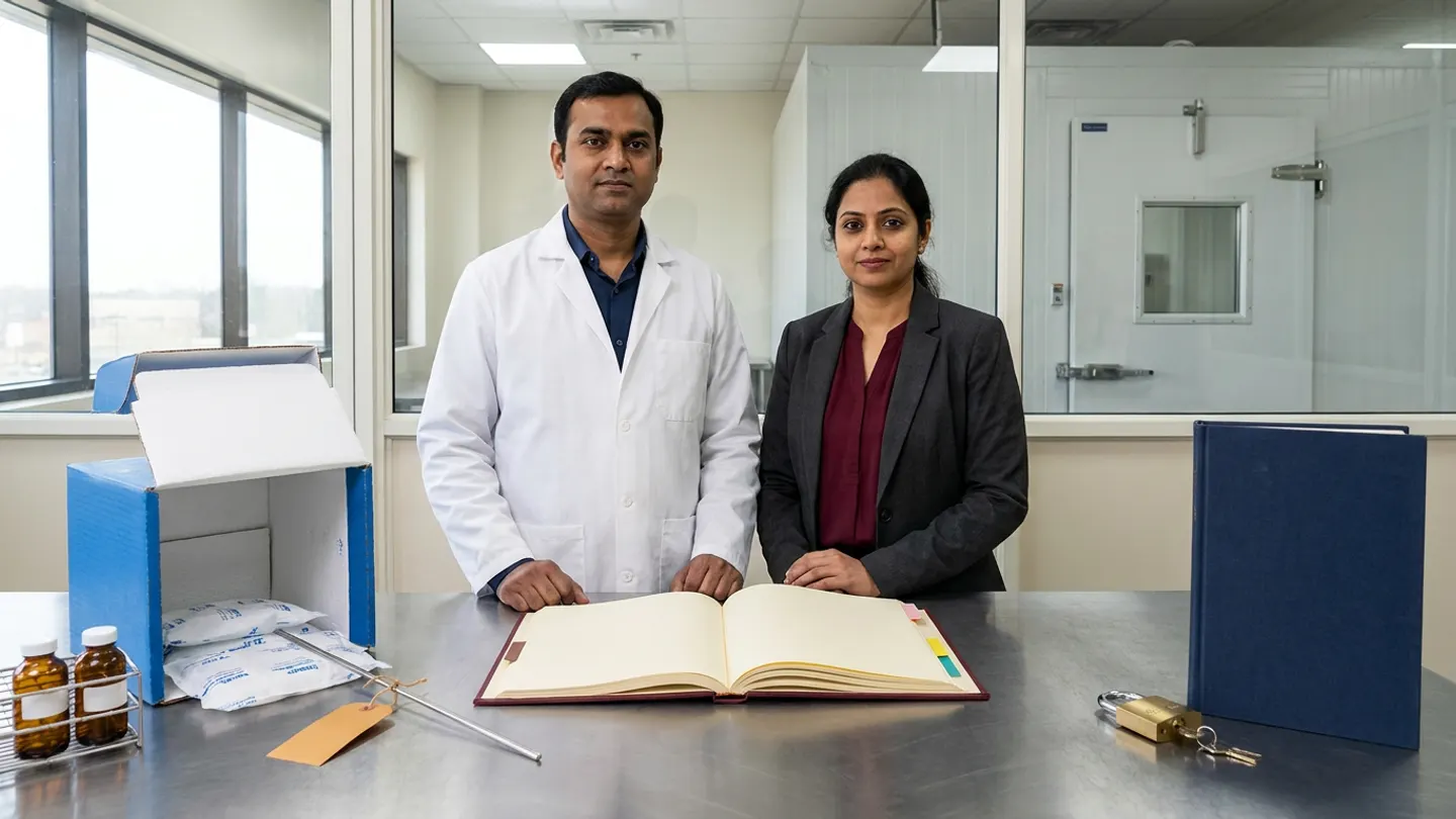 In a sunlit glass-walled Indian pharmaceutical cold-chain QA disposition office overlooking a walk-in pharmaceutical cold room with an insulated door and viewing window, an Indian male cold-chain quality assurance lead in a white laboratory coat over a navy shirt and a female distribution compliance manager in a charcoal blazer over a burgundy blouse stand at a brushed stainless-steel inspection table behind an open burgundy cloth-bound temperature-excursion disposition register with coloured index tabs, flanked on the left by an open blue-and-white insulated cold-chain shipper box containing white phase-change gel packs and a stainless-steel thermal probe tied with a blank amber-gold quarantine tag beside two sealed amber-glass vials in a wire rack, and on the right by a brass padlock with keys and an upright navy stability reference dossier.