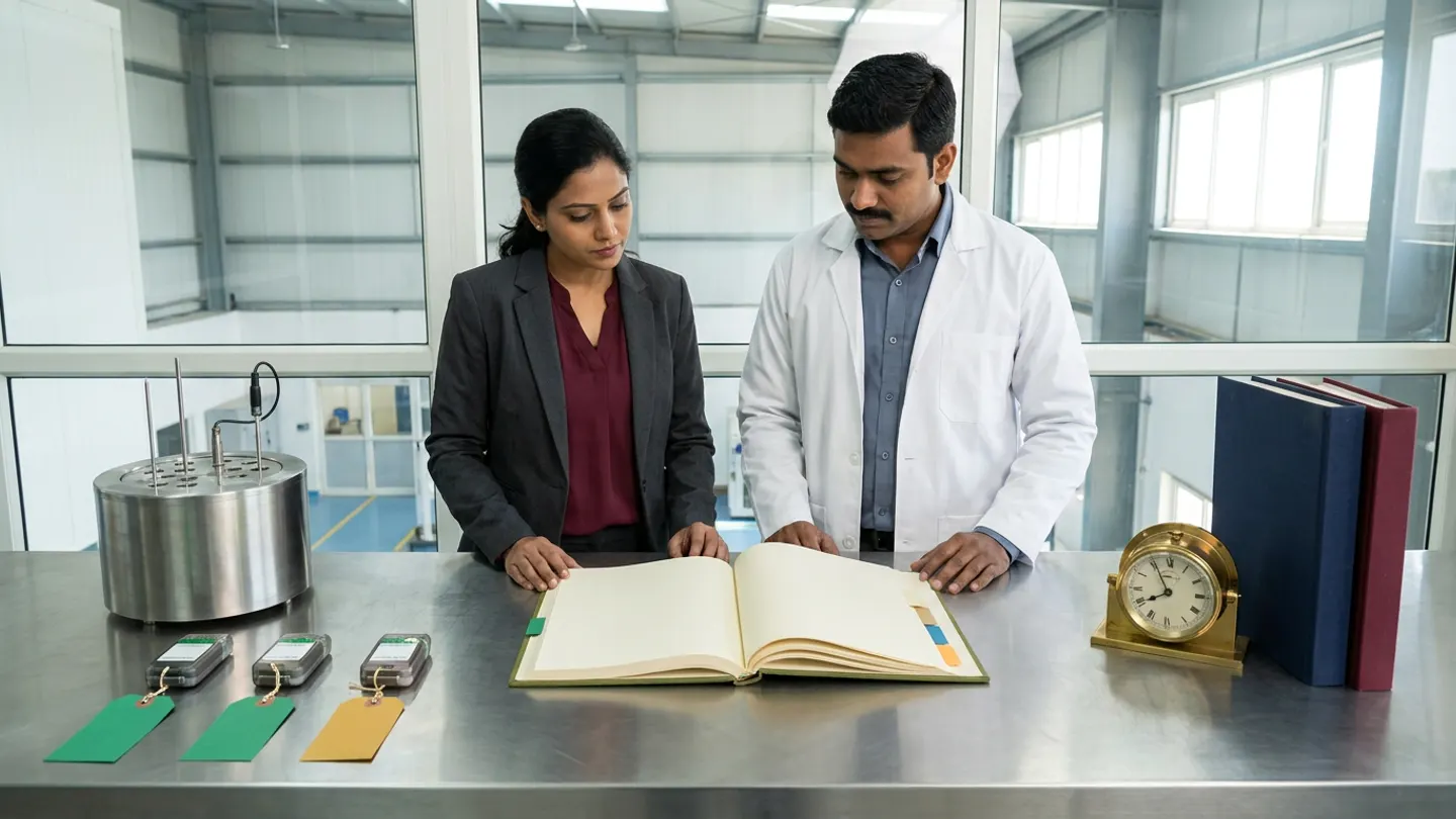 In a sunlit glass-walled Indian pharmaceutical metrology and cold-chain logger calibration laboratory overlooking a temperature-controlled shipping bay, an Indian female cold-chain quality reviewer in a charcoal blazer over a burgundy blouse and a male metrology calibration engineer in a white laboratory coat over a slate-blue shirt stand at a brushed stainless-steel bench behind an open olive-green cloth-bound logger-calibration and UTC time-synchronization register with coloured index tabs, flanked on the left by a cylindrical brushed stainless-steel dry-block calibration bath with inserted reference probes and three transit data loggers tied with two blank emerald-green tags and one blank amber-gold tag, and on the right by a brass reference chronometer clock beside two upright cloth-bound traceability dossiers in navy and burgundy.