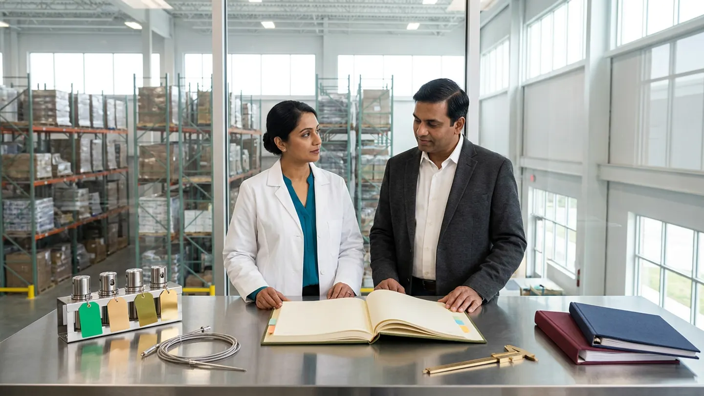 In a sunlit glass-walled Indian pharmaceutical thermal-validation and warehouse temperature-mapping engineering room overlooking a high-bay GMP temperature-controlled pallet racking hall, an Indian female validation engineer in a white laboratory coat over a teal blouse and a male pharmaceutical warehouse facilities manager in a charcoal blazer over a crisp white shirt stand at a brushed stainless-steel table behind an open olive-green cloth-bound thermal-mapping qualification register with coloured index tabs, flanked on the left by four cylindrical brushed stainless-steel thermal data-logger sensors in a calibration rack tied with blank emerald-green, amber-gold, and olive sensor-location tags beside a coiled stainless thermocouple probe, and on the right by a brass Vernier caliper and two stacked cloth-bound seasonal mapping dossiers in burgundy and navy.