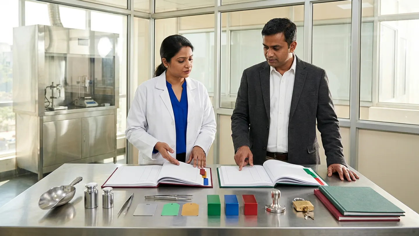 In a sunlit glass-walled Indian pharmaceutical GxP task-authorisation and practical weighing-competence qualification room overlooking a clean stainless-steel raw-material dispensing and analytical weighing booth, an Indian female QA competence-qualification lead in a white laboratory coat over a royal-blue blouse and a male dispensing operations supervisor in a charcoal-grey blazer over a crisp white shirt stand at a brushed stainless-steel review table behind two open cloth-bound registers side by side—a burgundy SOP attendance versus practical-assessment competence register with amber-gold and royal-blue index tabs on the left and a forest-green authorised-task matrix, dispensing-weighing qualification, and historical-authorisation ledger with emerald-green and crimson-red index tabs on the right—accompanied on the left by a mirror-polished 316L stainless-steel powder-dispensing scoop, two cylindrical stainless-steel precision check-weights, two pairs of stainless-steel forceps, a blank brushed-metal operator keycard, and blank mint-green and amber-gold qualification tags, and in the centre-right by three solid-colour anodized aluminium competence-tier blocks in emerald green, royal blue, and crimson red, a steel stamp, a brass padlock with keys, and two stacked cloth-bound training-matrix master dossiers.