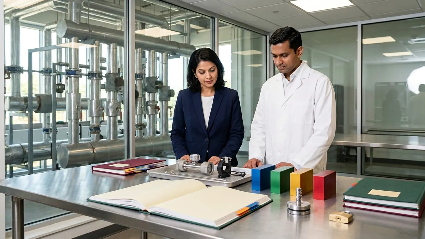 In a sunlit glass-walled Indian pharmaceutical plant utilities engineering and operational-excellence room overlooking a clean stainless-steel chilled-water and clean-steam header manifold bay, an Indian female plant utilities and energy-performance engineering lead in a deep-navy blazer over a white blouse and a male manufacturing operations and cost-allocation analyst in a white laboratory coat over a white dress shirt stand at a brushed stainless-steel engineering table behind an open forest-green per-batch utility sub-meter allocation and baseline comparison register with orange and blue index tabs—accompanied by a closed burgundy register with index tabs on the left, a brushed stainless-steel engineering tray holding a polished 316L stainless-steel inline vortex flow-meter body, a split-core clamp-on current transformer ring, and a stainless-steel RTD temperature probe in the centre, and four solid-colour anodized aluminium utility-allocation blocks in royal blue, emerald green, amber gold, and crimson red, a brushed steel screw-press seal, a brass padlock with keys, and two stacked cloth-bound utilities engineering master dossiers on the right.