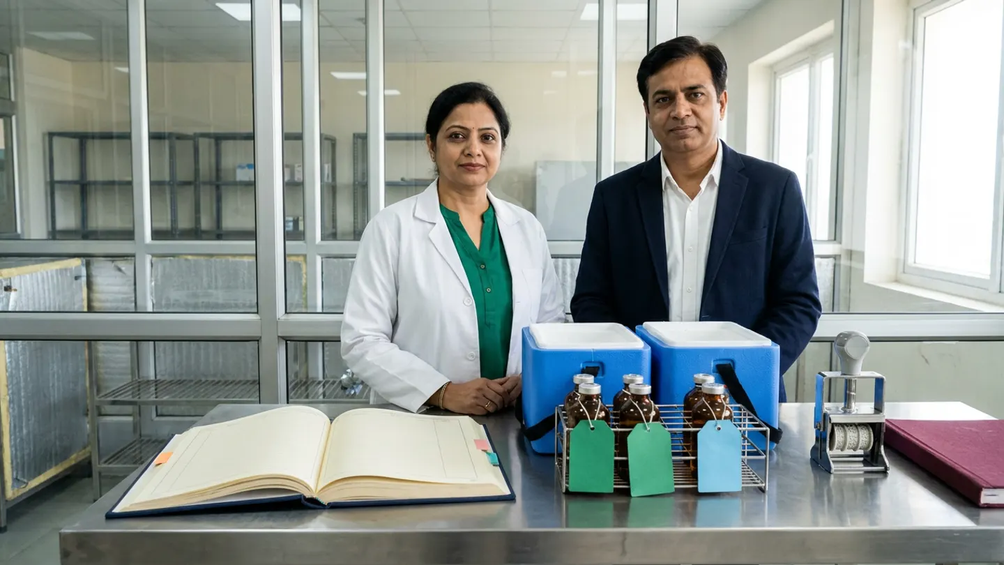 In a sunlit glass-walled Indian vaccine cold-chain distribution and session-allocation planning office overlooking a clean refrigerated vaccine staging room, an Indian female immunization supply-chain planner in a white laboratory coat over an emerald-green blouse and a male regional cold-chain logistics coordinator in a navy blazer over a crisp white shirt stand at a brushed stainless-steel counter behind an open navy cloth-bound vaccine session-allocation register with coloured index tabs on the left, two blue insulated vaccine carrier boxes with black shoulder straps and a wire rack holding six sealed amber-glass multi-dose vaccine vials tied with two blank emerald-green tags and one blank sky-blue tag in the centre, and a brushed steel rotary date-stamp press beside a flat burgundy cloth-bound ledger on the right.
