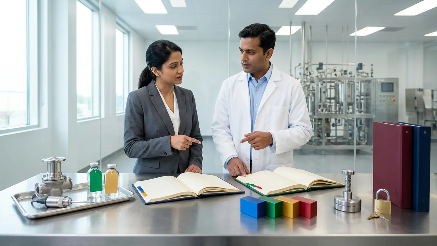 In a sunlit glass-walled Indian pharmaceutical validation master plan and qualification governance room overlooking a clean stainless-steel sterile formulation and utility skid bay, an Indian female site validation manager in a charcoal-grey blazer over a crisp white blouse and a male pharmaceutical engineering and qualification lead in a white laboratory coat over a light-blue dress shirt stand at a brushed stainless-steel VMP coordination table behind two open cloth-bound registers side by side—a deep-navy Validation Master Plan dependency-scope and ownership register with amber-gold and royal-blue index tabs on the left and a forest-green utility, equipment, analytical-method, and deviation prerequisite readiness ledger with emerald-green and crimson-red index tabs on the right—flanked on the left by a brushed stainless-steel qualification tray holding a polished stainless-steel sanitary diaphragm valve body, an industrial pressure-sensor probe, and two sealed clear glass validation reference vials with blank emerald-green and amber-gold card tags, in the centre-right by four interlocking solid-colour anodized aluminium milestone-prerequisite blocks in royal blue, emerald green, amber gold, and crimson red, and on the right by a brushed steel screw-press seal, a brass padlock with keys, and two upright cloth-bound validation master dossiers in burgundy and deep navy.