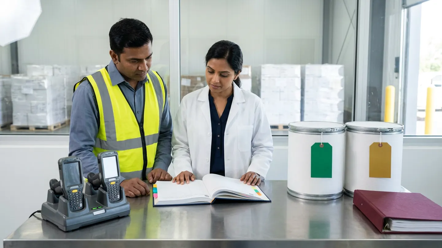 In a sunlit glass-walled Indian pharmaceutical receiving and quarantine dock office overlooking a clean GMP pallet receiving bay with shrink-wrapped white pharmaceutical material pallets, an Indian male pharmaceutical receiving supervisor in a slate-blue shirt and yellow high-visibility vest and a female warehouse QA coordinator in a white laboratory coat over a dark-navy blouse stand at a brushed stainless-steel receiving counter comparing an open navy cloth-bound goods-receipt reconciliation register with coloured index tabs against two rugged industrial handheld barcode scanners resting in a dual charging dock with green indicator lights on the left, alongside two sealed white pharmaceutical fiberboard drums tied with blank emerald-green and amber-gold receiving tags and a closed burgundy cloth-bound SOP binder on the right.
