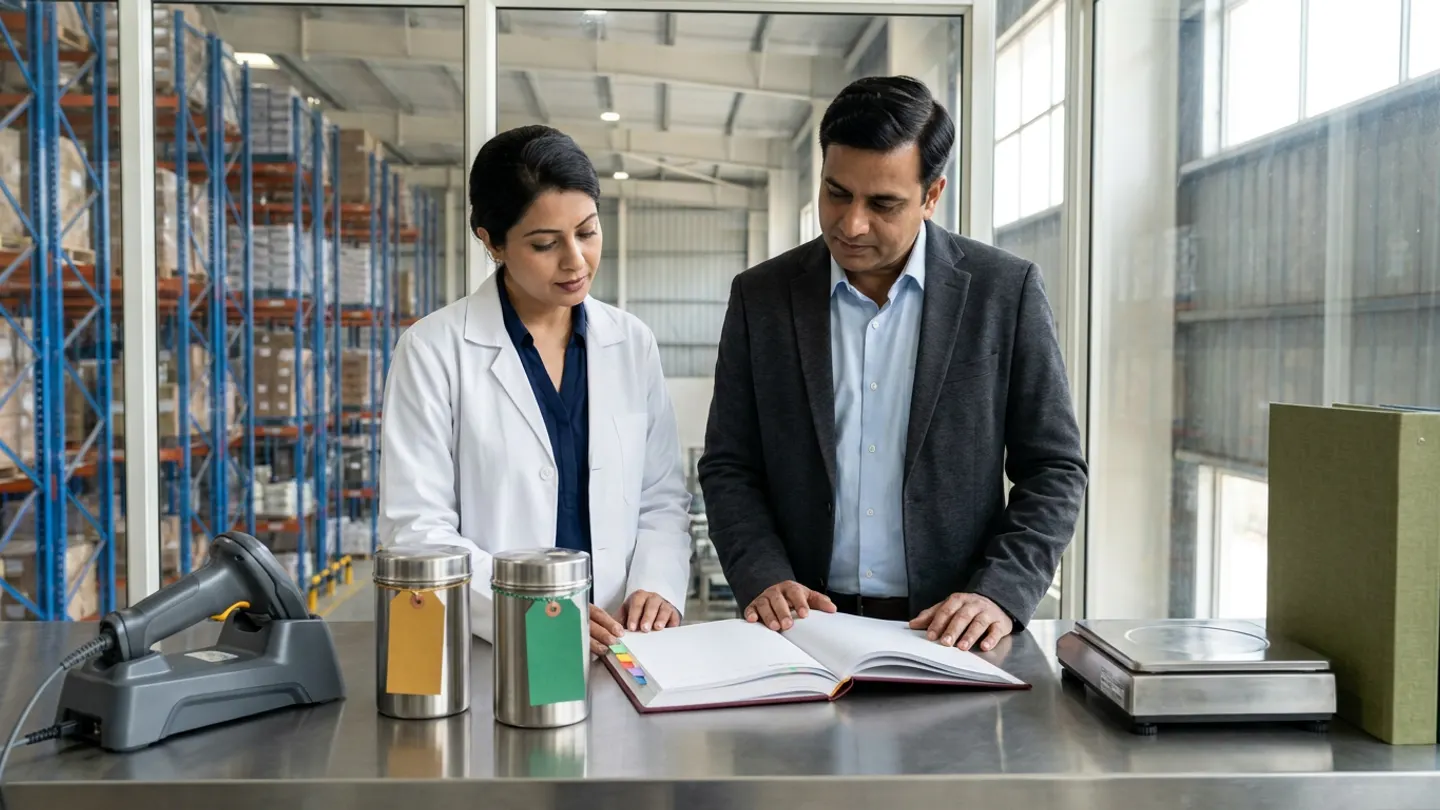 In a sunlit glass-walled Indian pharmaceutical warehouse operations and WMS exception-review office overlooking a high-bay GMP raw-material and pallet racking hall, an Indian female pharmaceutical warehouse operations head in a white laboratory coat over a dark-navy blouse and a male GMP systems validation lead in a charcoal blazer over a light-blue shirt stand at a brushed stainless-steel counter comparing an open burgundy cloth-bound warehouse exception and validation protocol register with coloured index tabs against two sealed brushed stainless-steel API canisters tied with blank amber-gold and emerald-green status tags and a rugged industrial barcode scanner in its charging cradle on the left, flanked by a precision stainless-steel check-weighing scale and an upright olive-green SOP binder on the right.