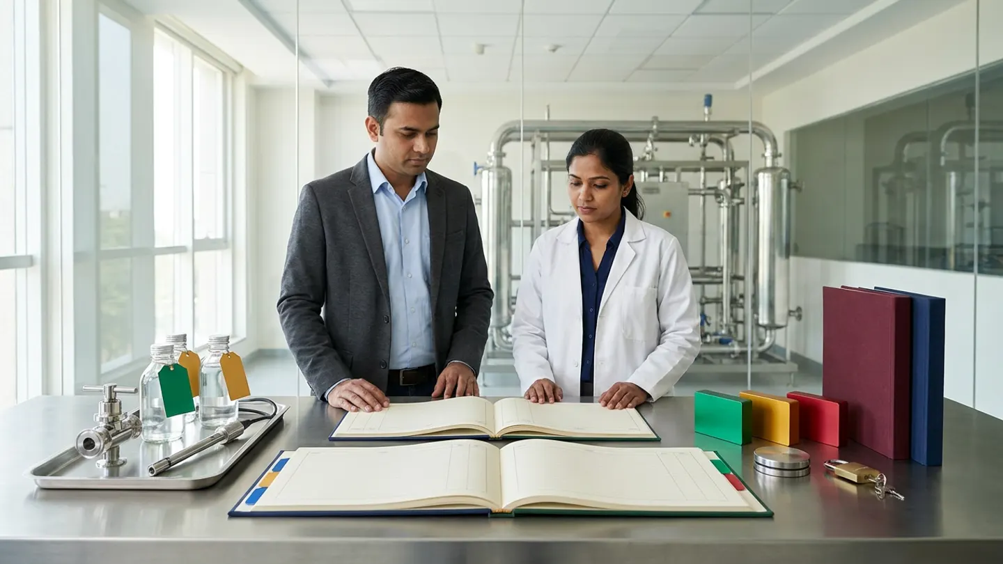 In a sunlit glass-walled Indian pharmaceutical purified-water and Water-for-Injection (WFI) loop governance room overlooking a clean mirror-polished 316L stainless-steel WFI distribution loop and sanitary heat-exchanger skid bay, an Indian male pharmaceutical utilities engineering lead in a charcoal-grey blazer over a light-blue dress shirt and a female QC microbiology and water-quality trend reviewer in a white laboratory coat over a deep navy blouse stand at a brushed stainless-steel review table behind two open cloth-bound registers—a point-of-use sampling timestamp, sanitization, and batch-consumption linkage register and a TOC, conductivity, and bioburden excursion investigation ledger with colourful index tabs—accompanied on the left by a brushed stainless-steel sampling tray holding a mirror-polished 316L stainless-steel sanitary point-of-use sampling valve assembly, an inline stainless-steel conductivity sensor probe, and three sealed clear borosilicate glass WFI sample bottles with blank emerald-green and amber-gold card tags, and on the right by three solid-colour anodized aluminium loop-status blocks in emerald green, amber gold, and crimson red, a brushed steel disc weight, a brass padlock with keys, and two upright cloth-bound water-system qualification master dossiers in burgundy and deep navy.