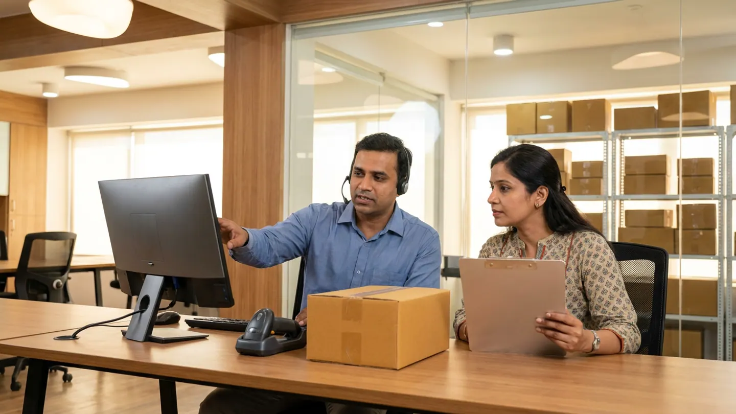 Indian retail customer operations specialists with headset and aluminium clipboard reviewing an order dispatch verification beside a sealed kraft parcel and barcode scanner.