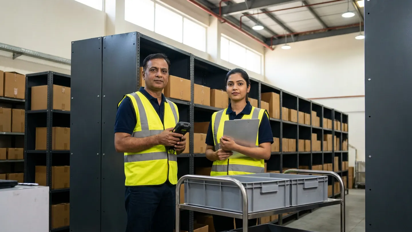 Two Indian retail inventory coordinators in navy work shirts and yellow high-visibility vests standing in a modern fulfilment backroom aisle beside charcoal steel shelving stocked with brown cartons, holding a rugged barcode terminal and a brushed-aluminium clipboard behind a stainless-steel mobile picking trolley with two grey tote bins.