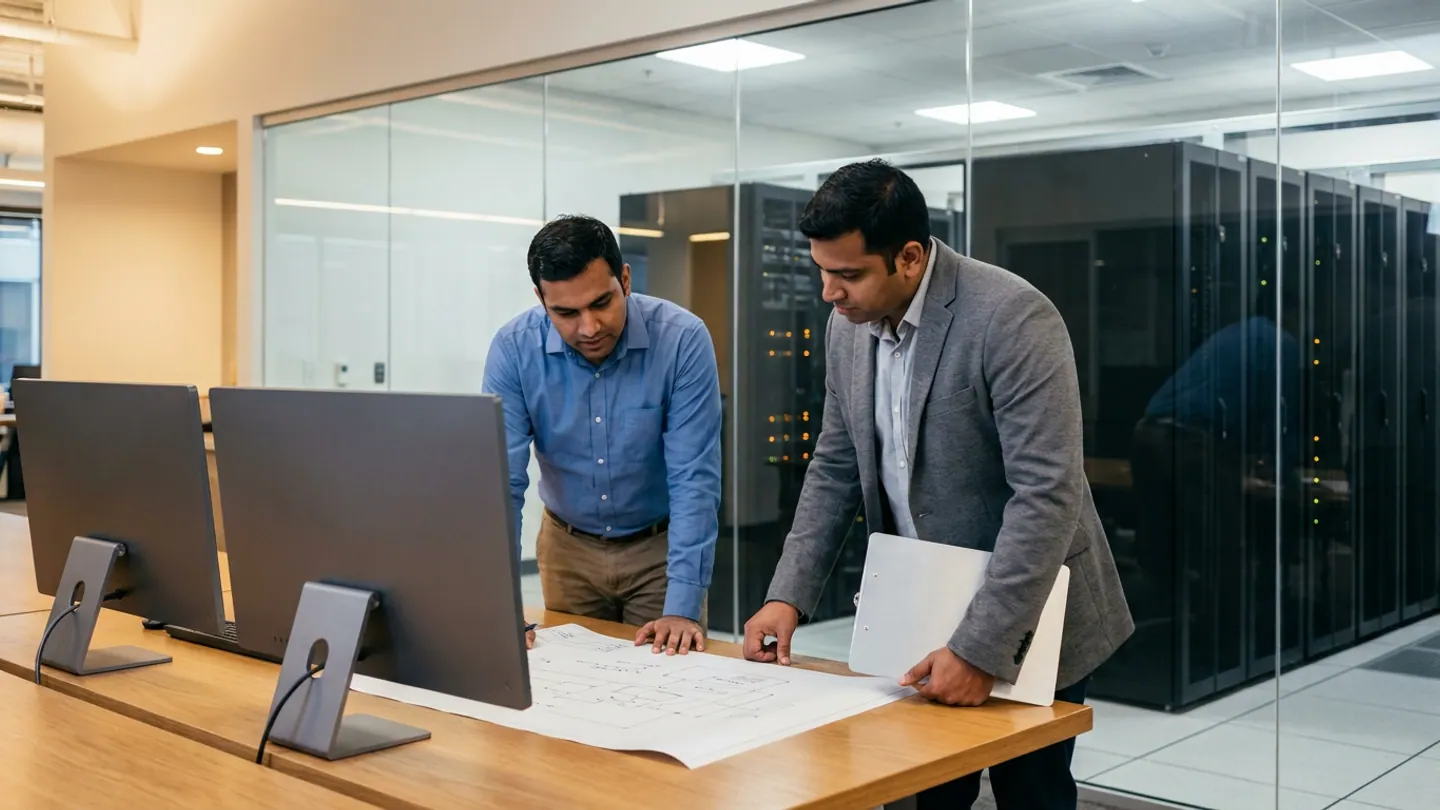 Indian commerce platform engineers reviewing an architectural diagram on an oak worktable beside unbranded desktop monitors in front of a glass-walled server room.