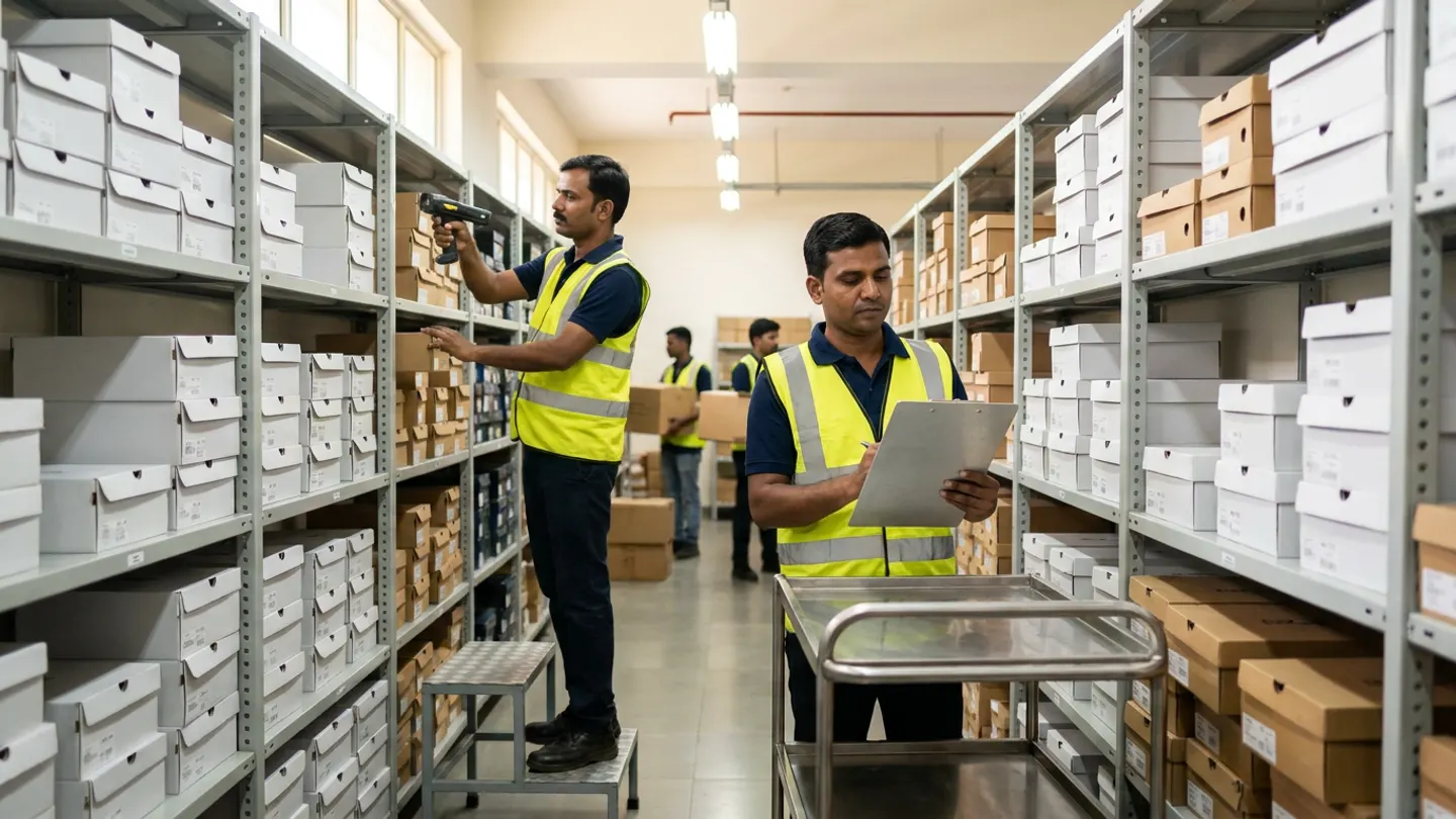 Two Indian retail inventory audit coordinators in navy polo shirts and yellow reflective vests conducting a live cycle count in a store backroom aisle stocked with white and brown cartons, one on a two-step steel platform with a handheld barcode terminal and the other beside a stainless-steel cart holding a brushed-aluminium clipboard.