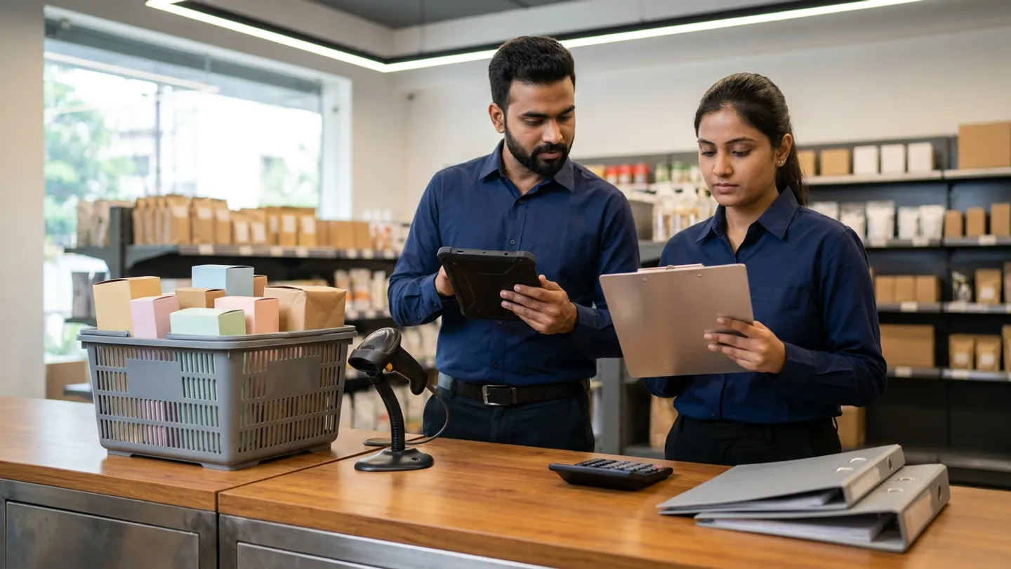 Two Indian retail commercial operations coordinators in navy collared shirts standing at a wood-and-steel store checkout verification counter with a grey shopping basket of pastel and kraft packages, a corded barcode scanner, a black desktop calculator, and two closed grey ring binders, holding a rugged digital tablet and a brushed-aluminium clipboard.