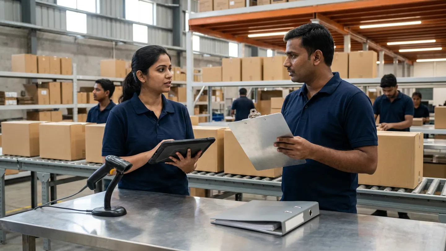 Two Indian ecommerce operations coordinators in navy polo shirts conversing at a stainless-steel dispatch reconciliation station with a corded barcode scanner in its stand and a closed grey ring binder, holding a rugged digital tablet and a brushed-aluminium clipboard beside kraft cartons on a roller conveyor.