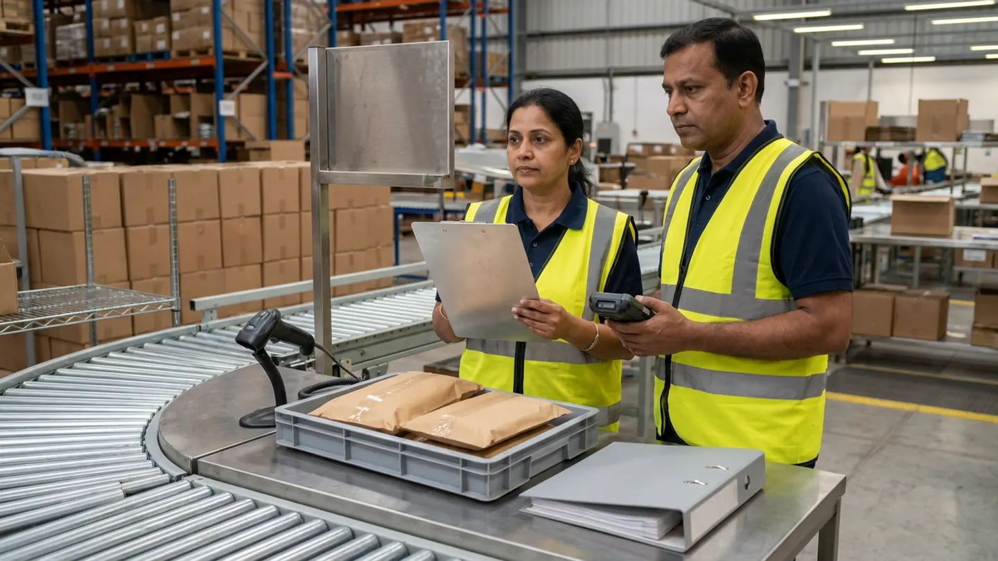 Two Indian ecommerce dispatch-hold coordinators in navy polo shirts and yellow reflective vests standing at a stainless-steel outbound intercept counter beside a curved roller conveyor with two kraft parcels in a grey hold tray, a corded barcode scanner, and a closed grey ring binder, holding a handheld barcode terminal and a brushed-aluminium clipboard.