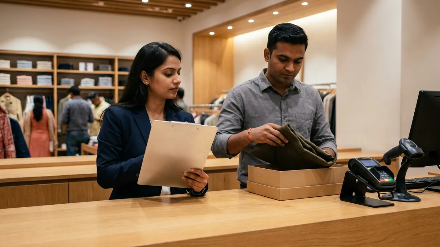Indian retail store supervisor holding an aluminium clipboard and associate placing a folded replacement garment into a plain kraft box at an apparel exchange counter with payment terminal and barcode scanner.